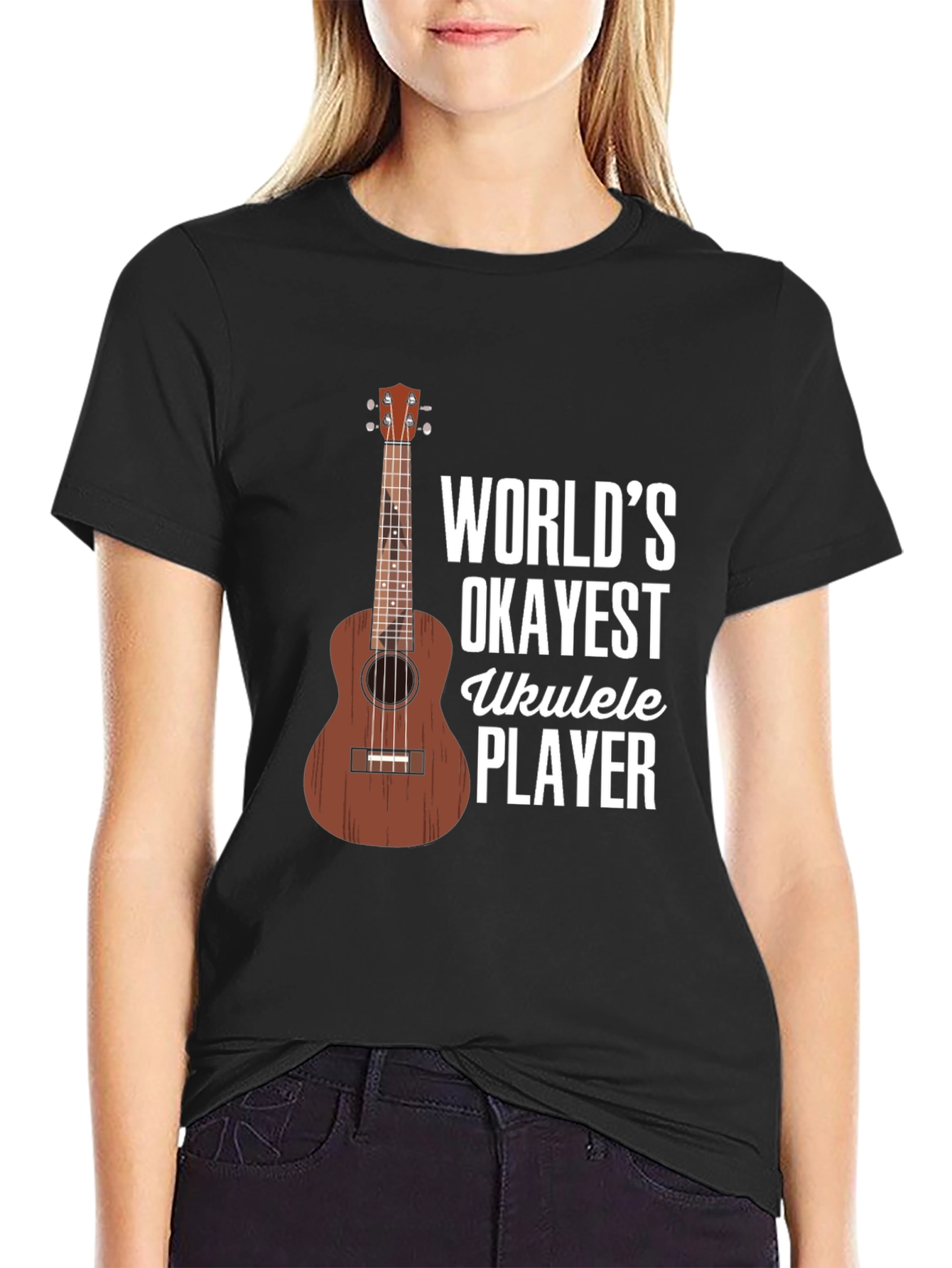 Black World's Okayest Ukulele Player Graphic T-Shirt view 2