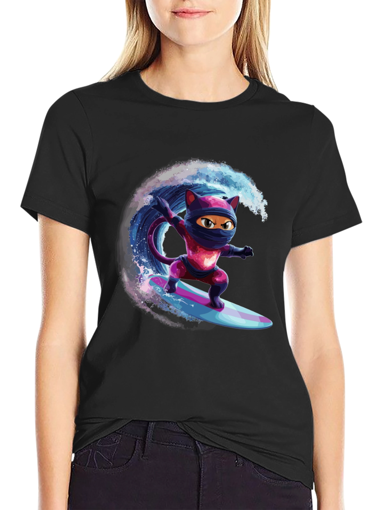 Black Ninja Cat Surfing T-Shirt - Cool Graphic Tee view 2