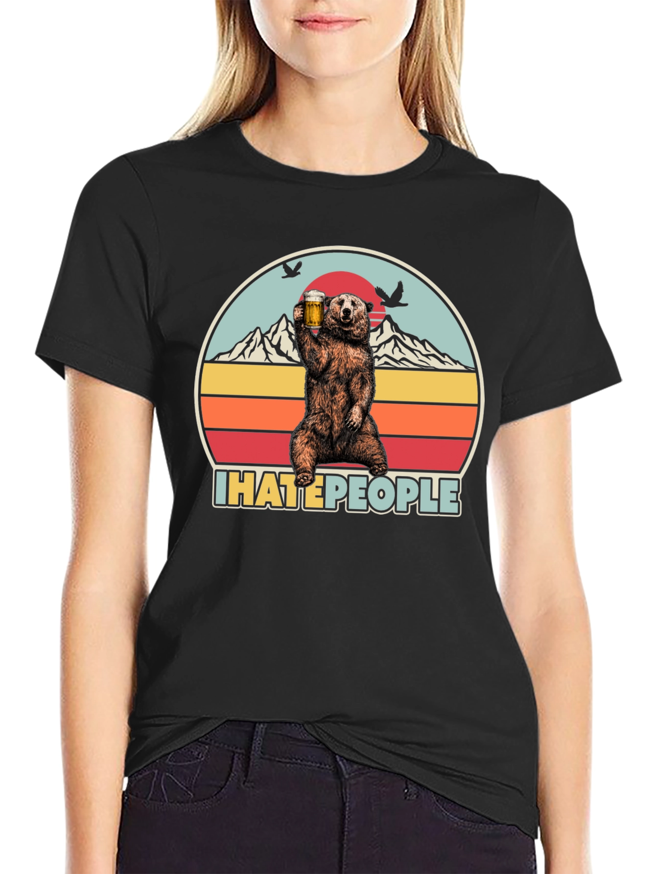 Black I Hate People Bear Drinking Beer T-Shirt view 2
