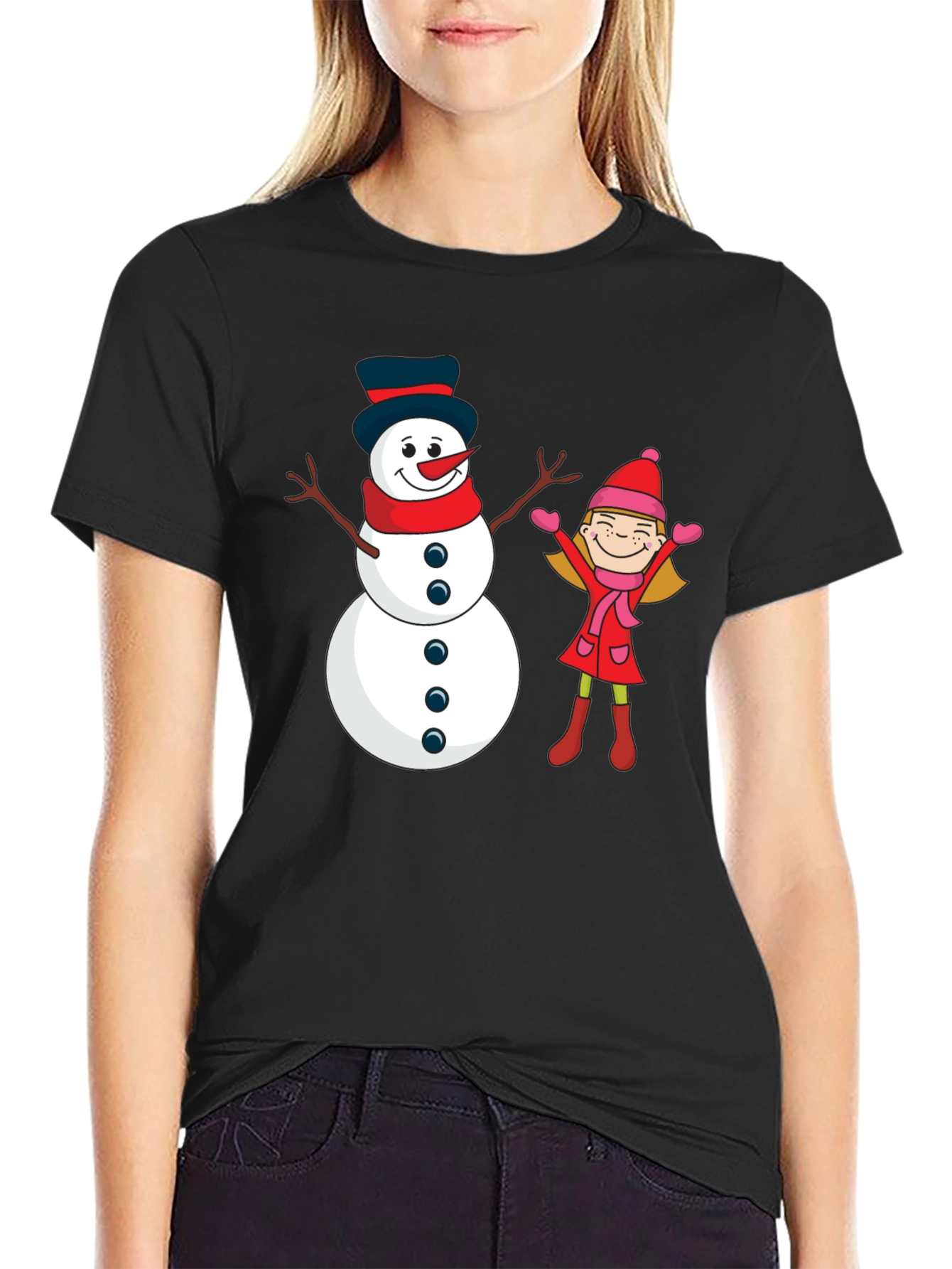 Black Festive Snowman & Girl Graphic Tee - Black view 2