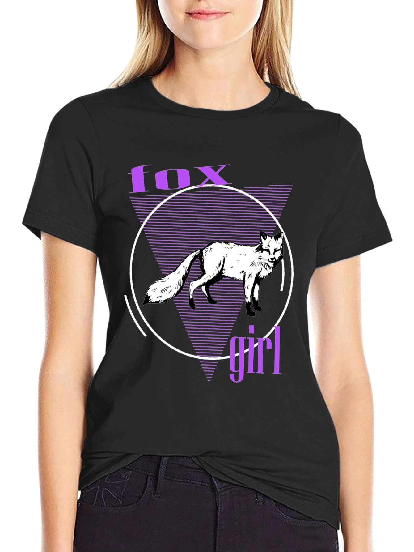 Black Fox Girl Graphic Tee - Black Cotton T-Shirt view 2
