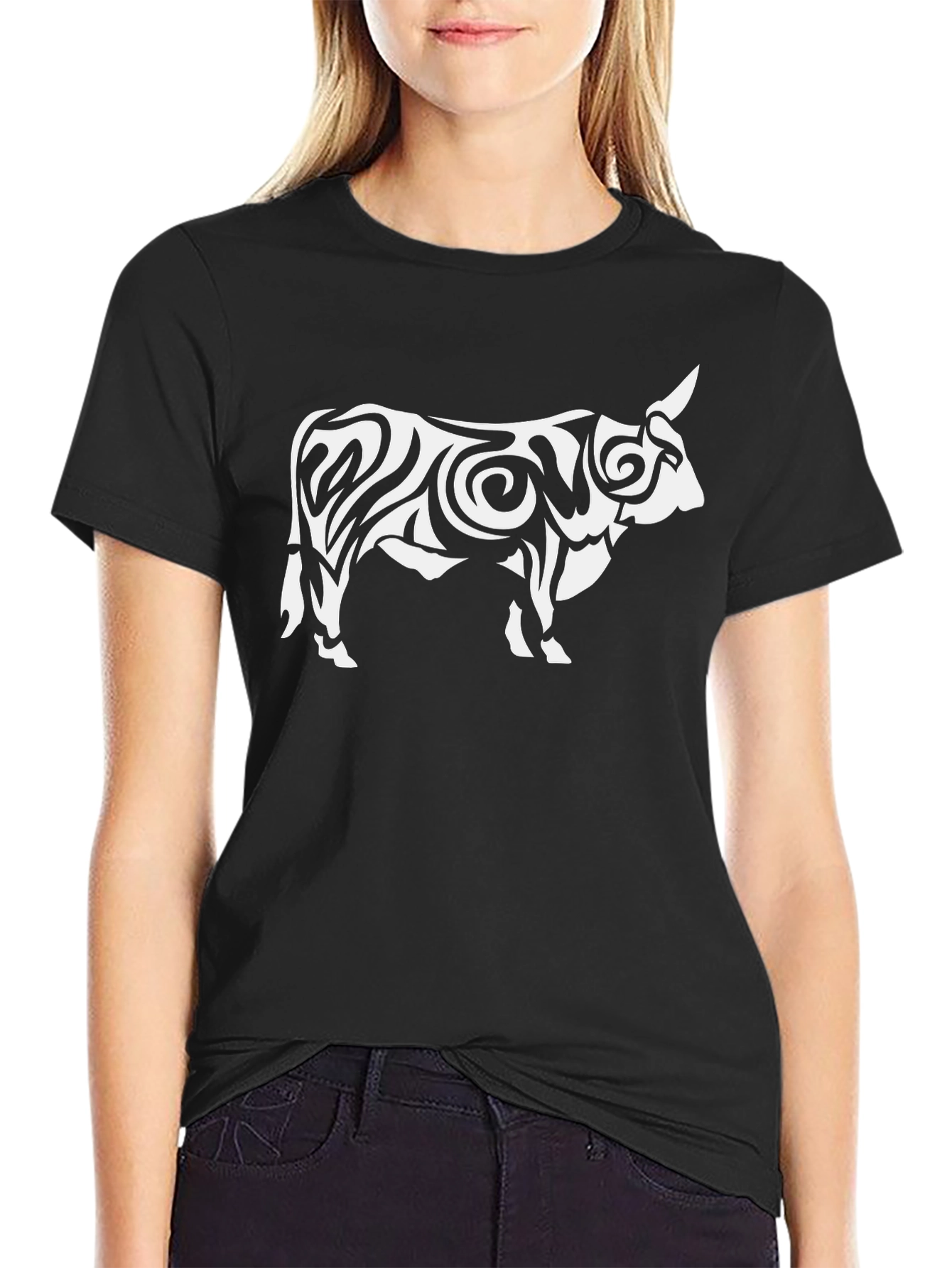 Black Tribal Bull Graphic Black T-Shirt view 2