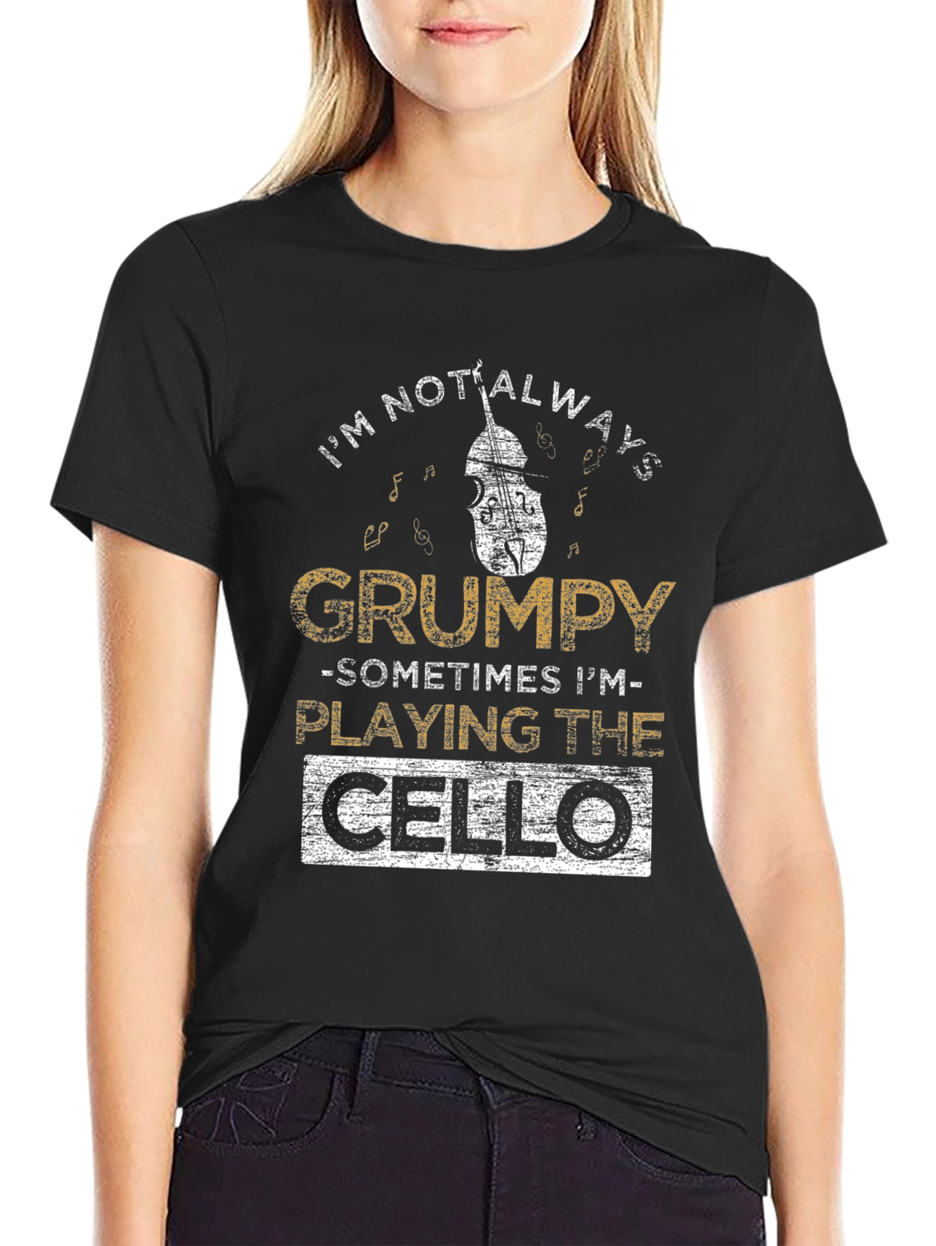 Black Grumpy Cello Player Black T-Shirt view 2