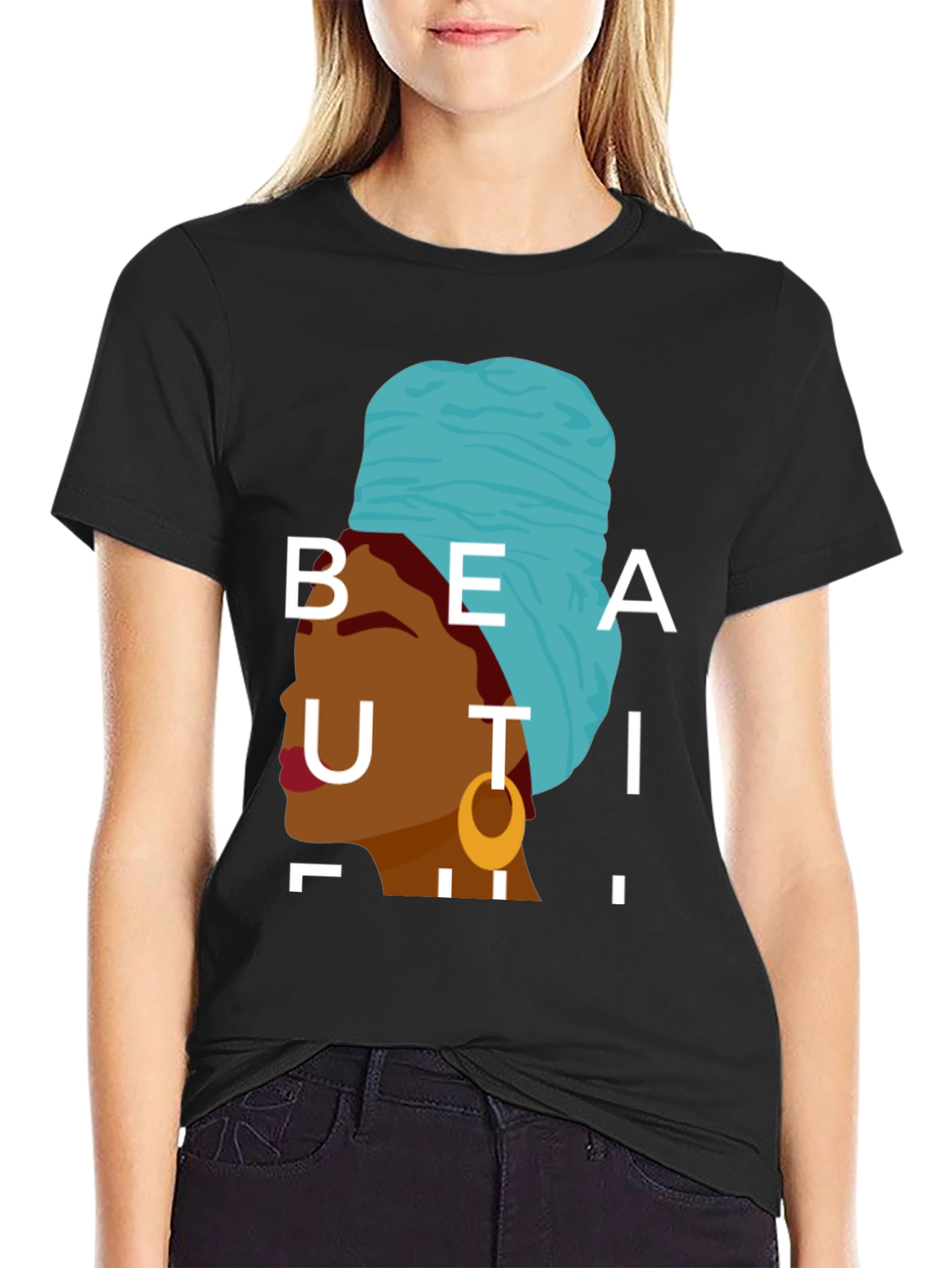 Black Beautiful Woman Graphic Tee - Stylish Black T-Shirt view 2