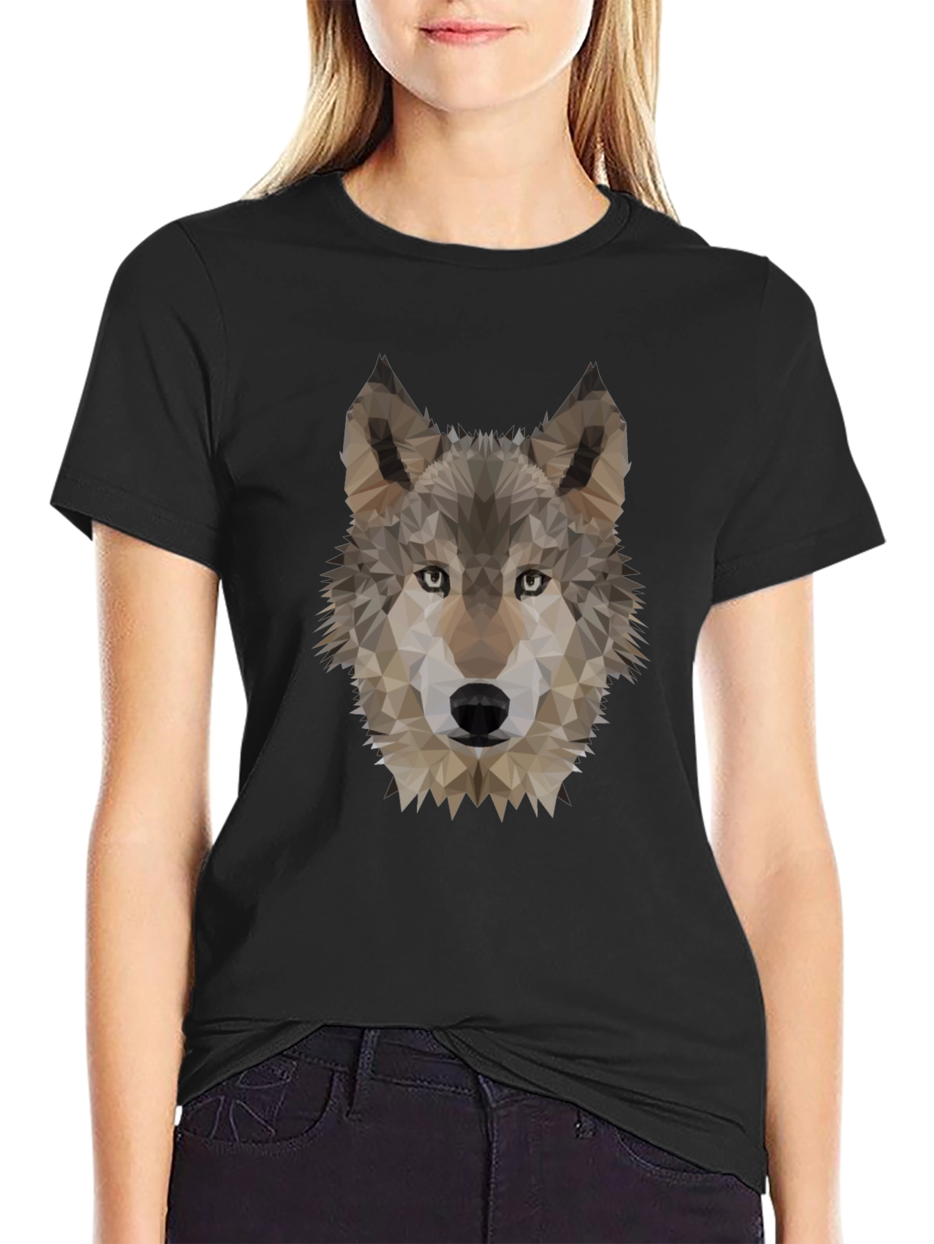 Black Geometric Wolf Head Graphic Tee - Black view 2