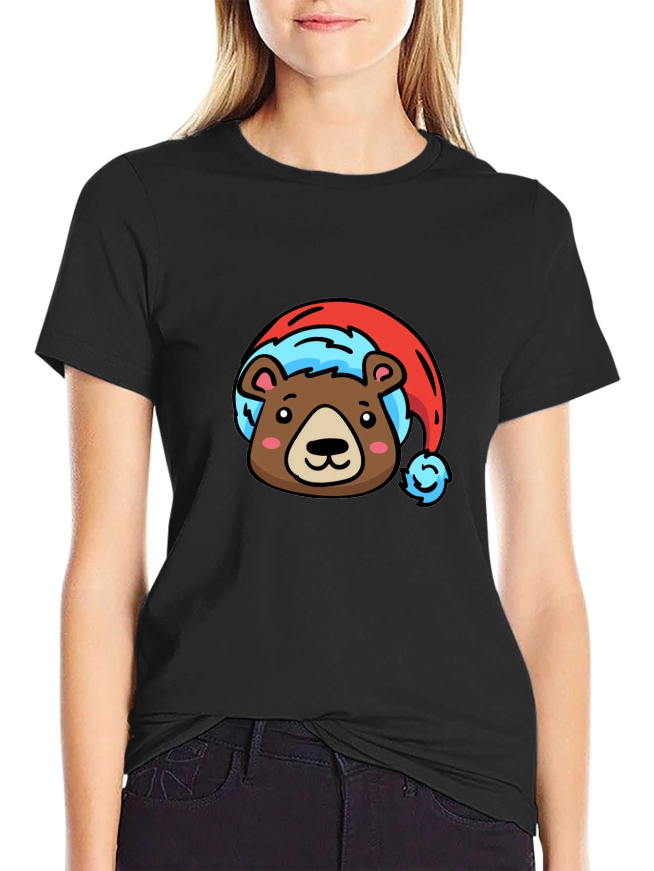Black Bear Santa Hat Black T-Shirt view 2