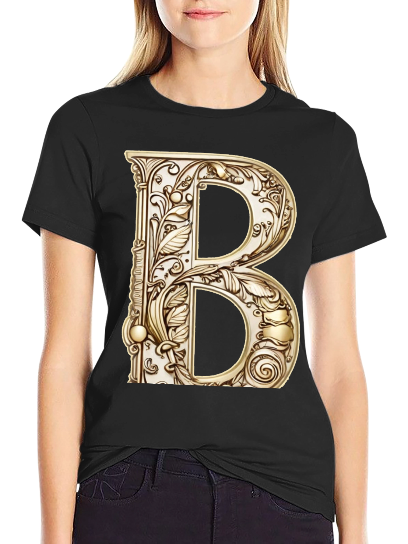 Black Ornate Initial B Graphic Tee - Black Cotton Blend view 2