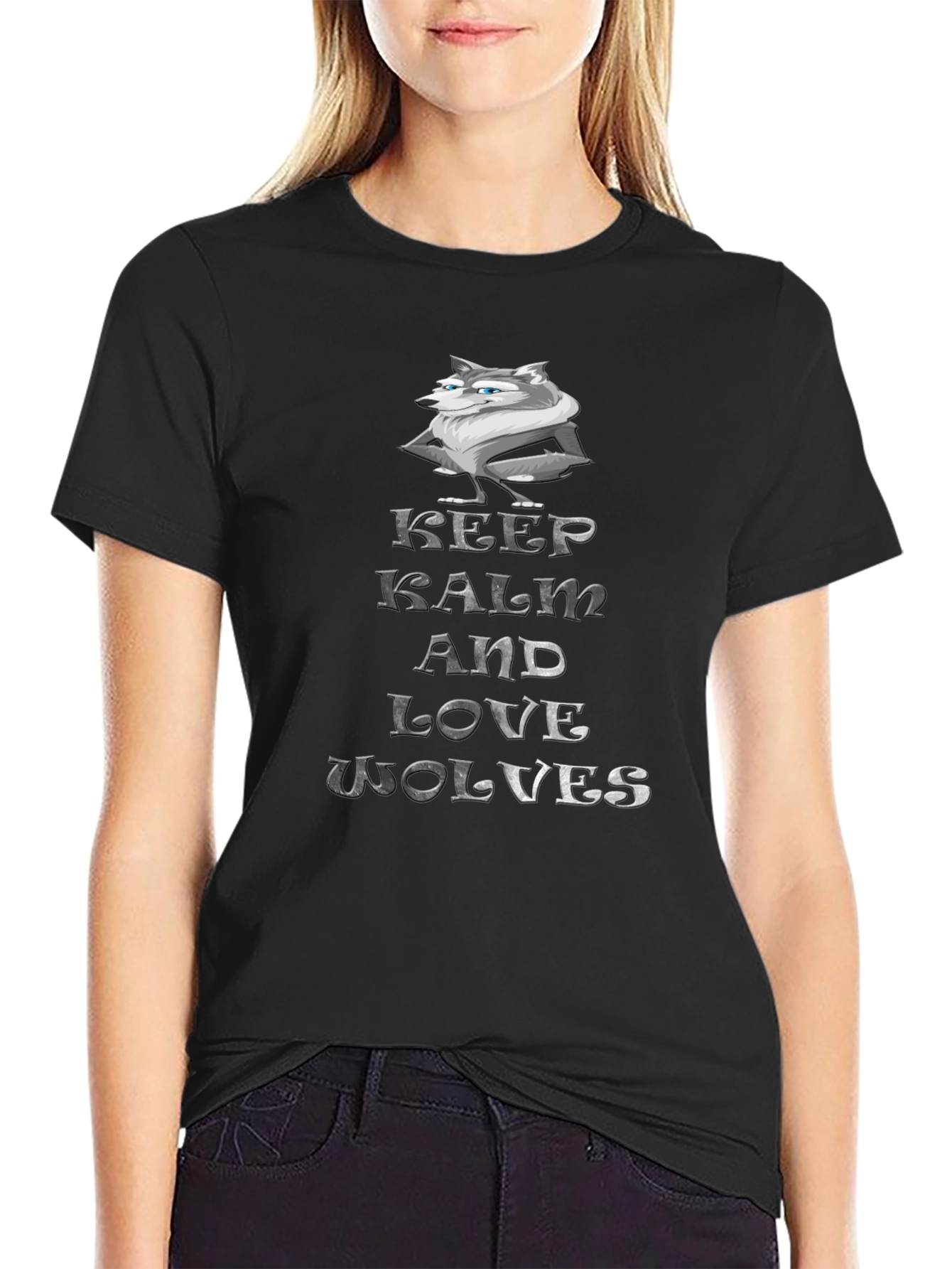 Black Keep Calm and Love Wolves Graphic T-Shirt view 2