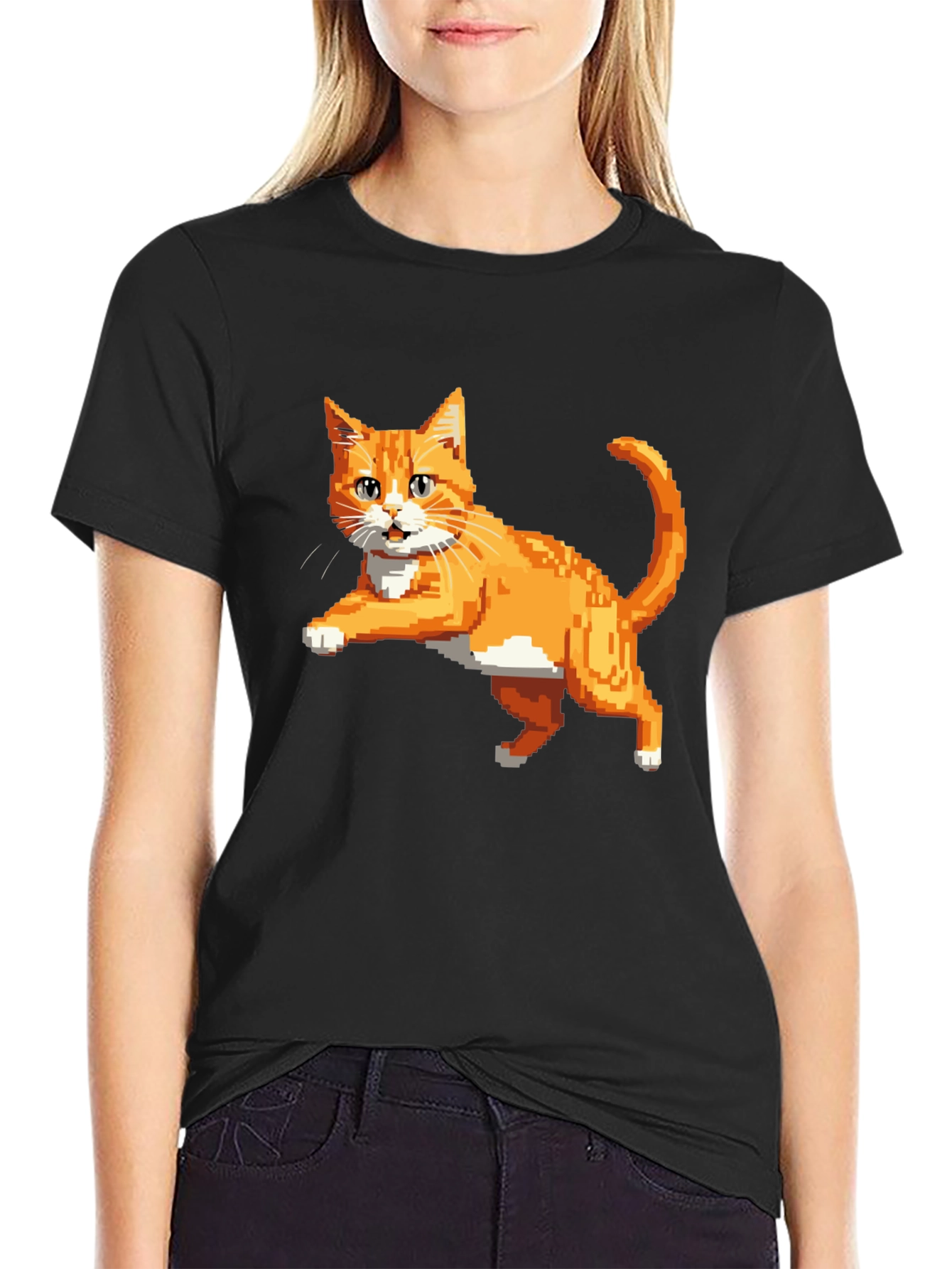 Black Pixelated Orange Cat T-Shirt - Cool Retro Design view 2