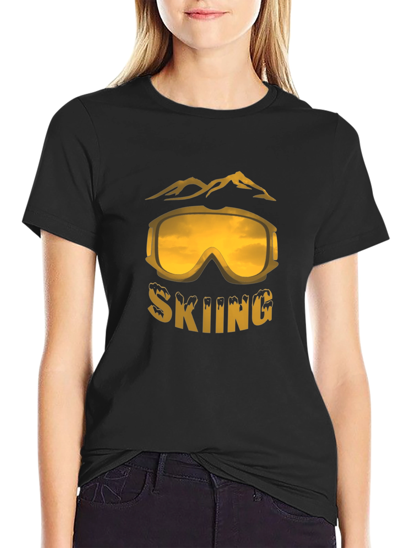 Black Skiing Graphic Tee - Black Cotton Blend T-Shirt view 2