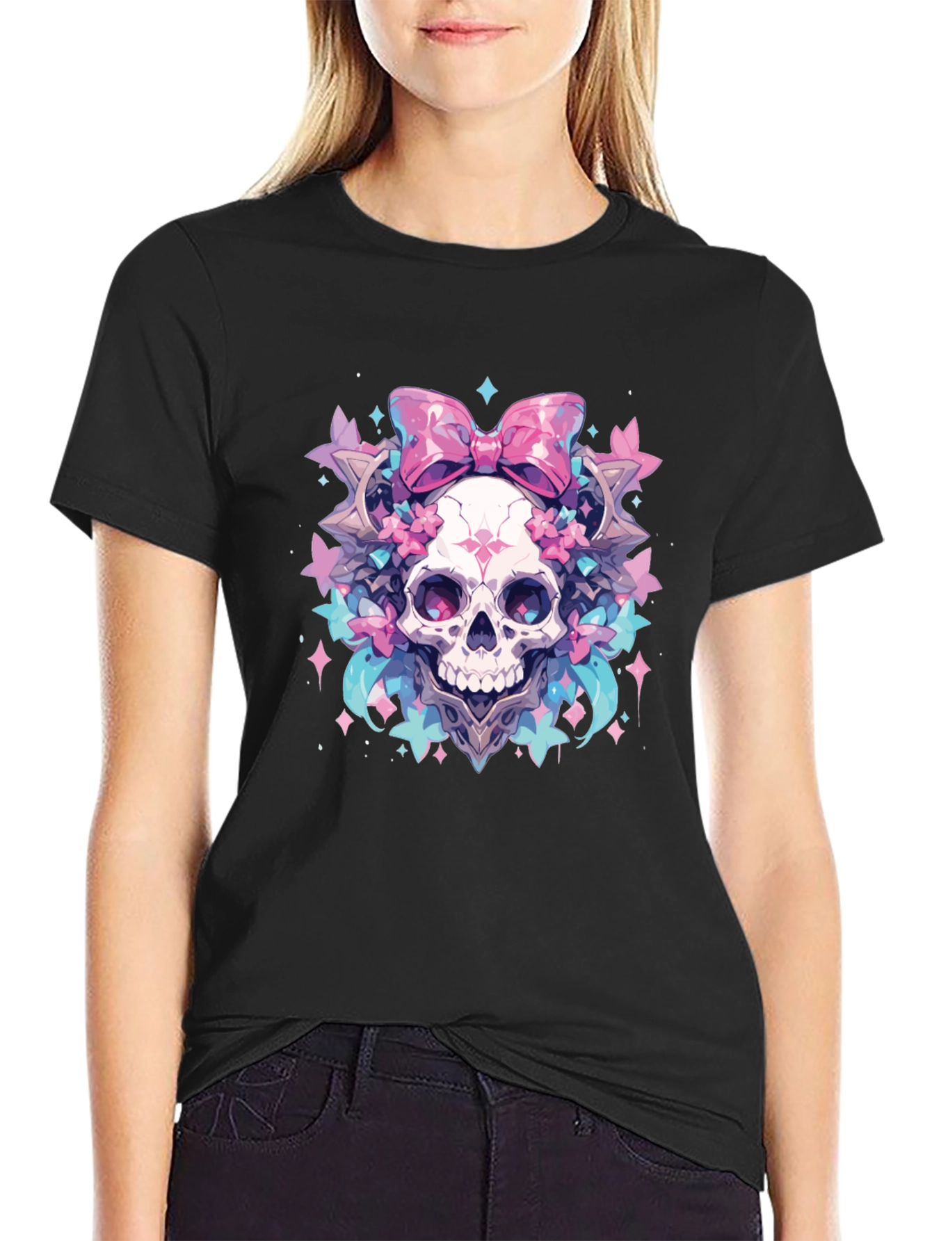 Black Skull Bow T-Shirt - Pastel Goth Aesthetic view 2