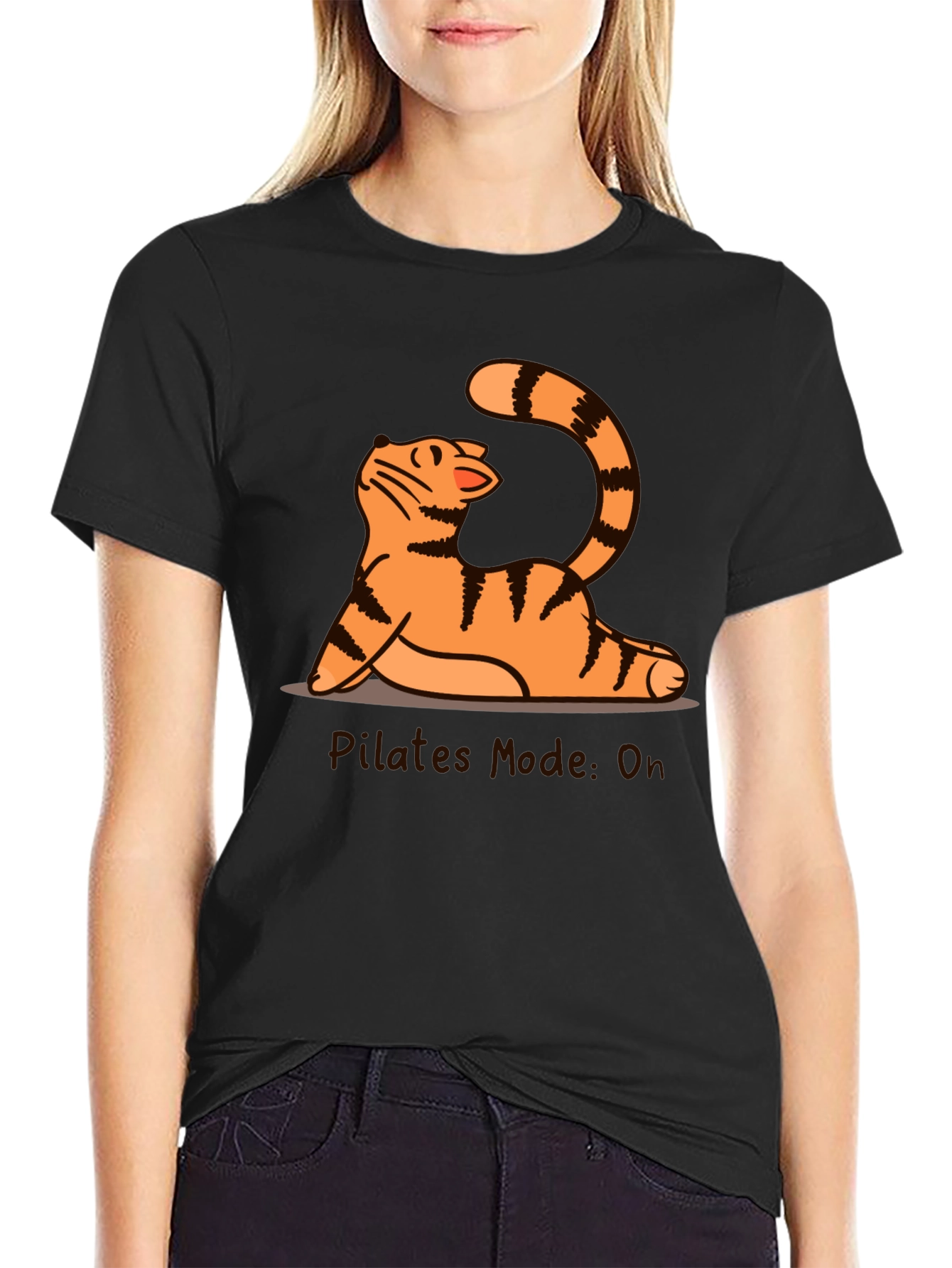 Black Pilates Mode On Cat T-Shirt view 2