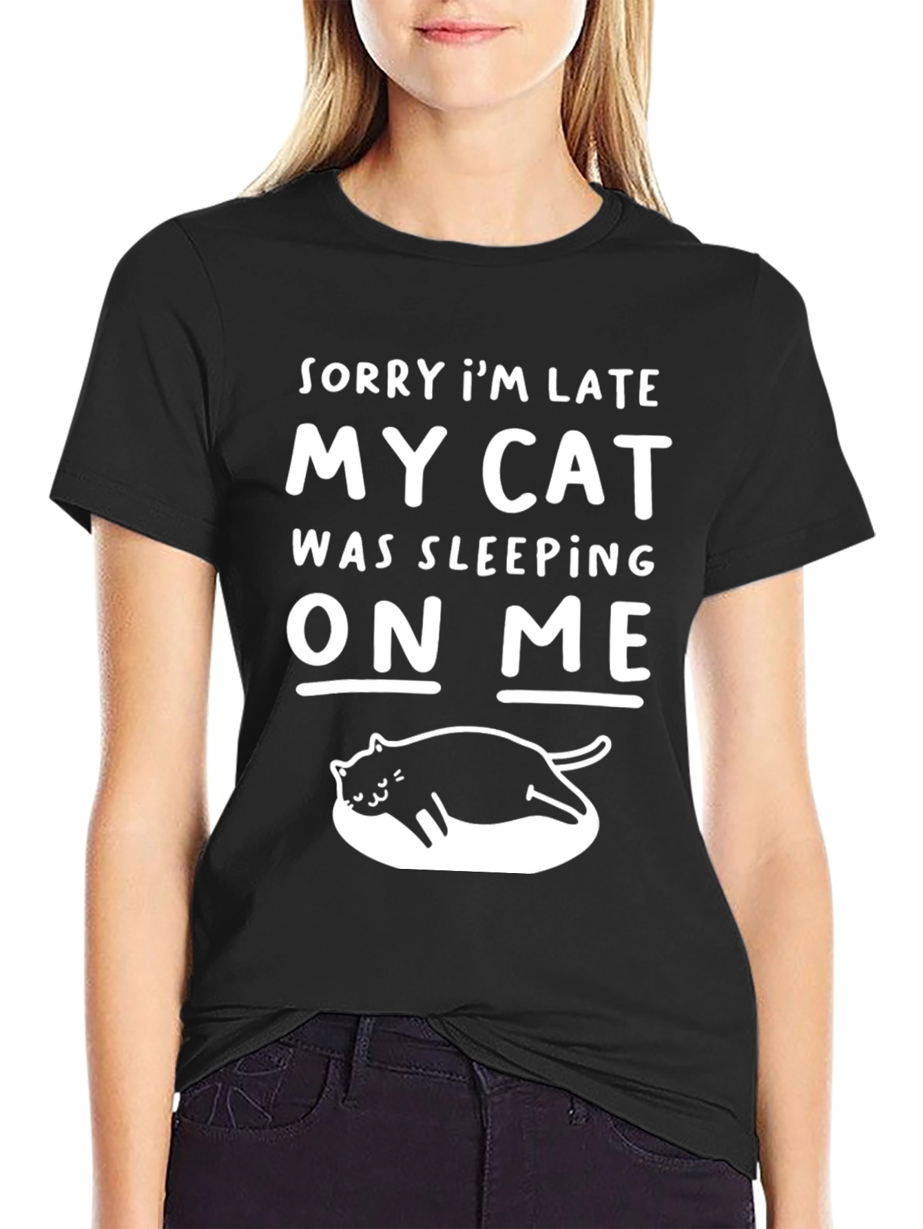 Black Funny Cat Sleeping On Me T-Shirt view 2