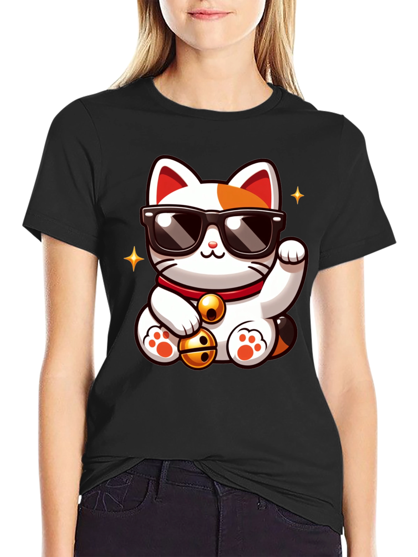 Black Lucky Cat T-Shirt - Cool Cartoon Design view 2