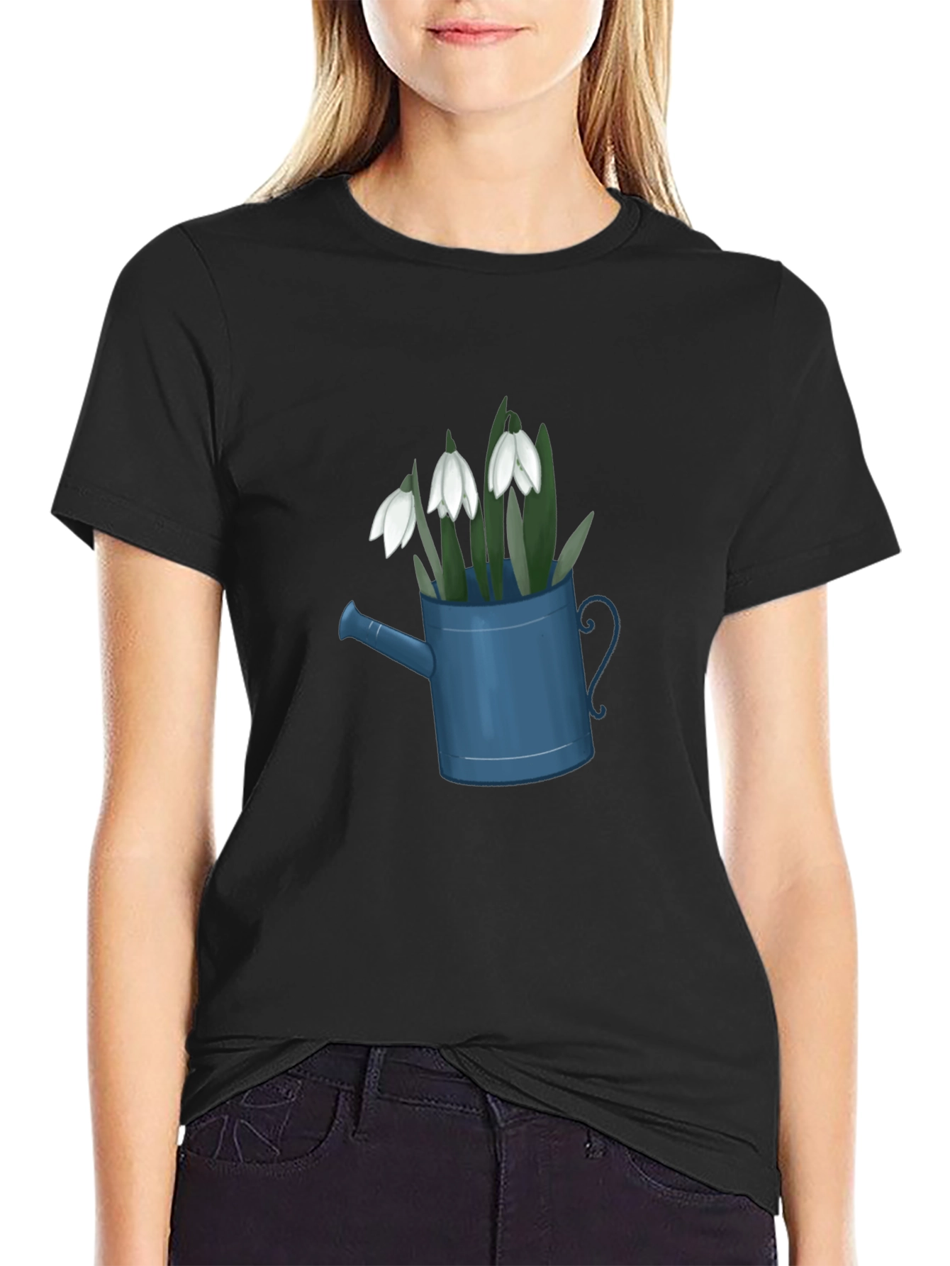 Black Snowdrop Flowers in Watering Can Black T-Shirt view 2
