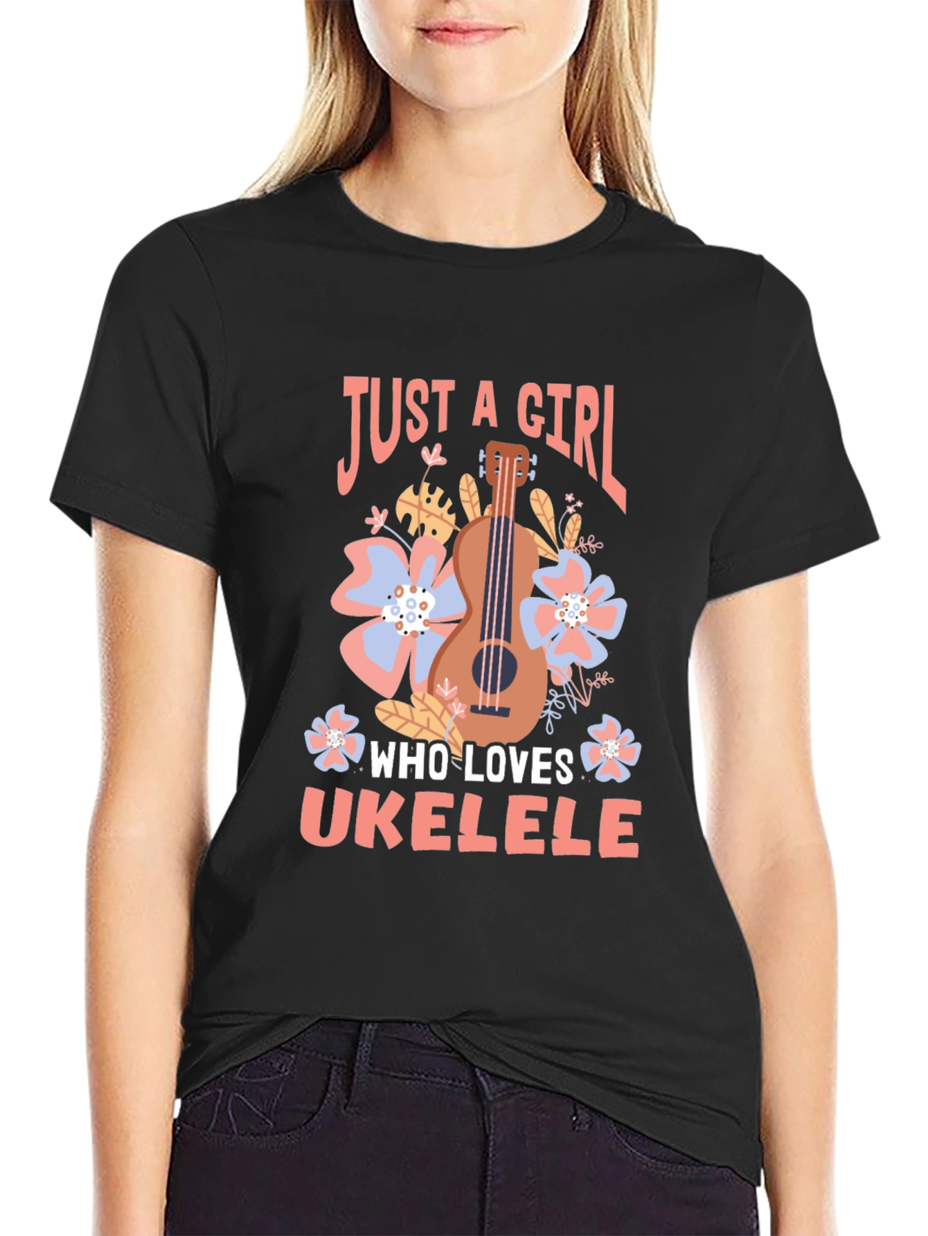 Black Just a Girl Who Loves Ukulele T-Shirt view 2