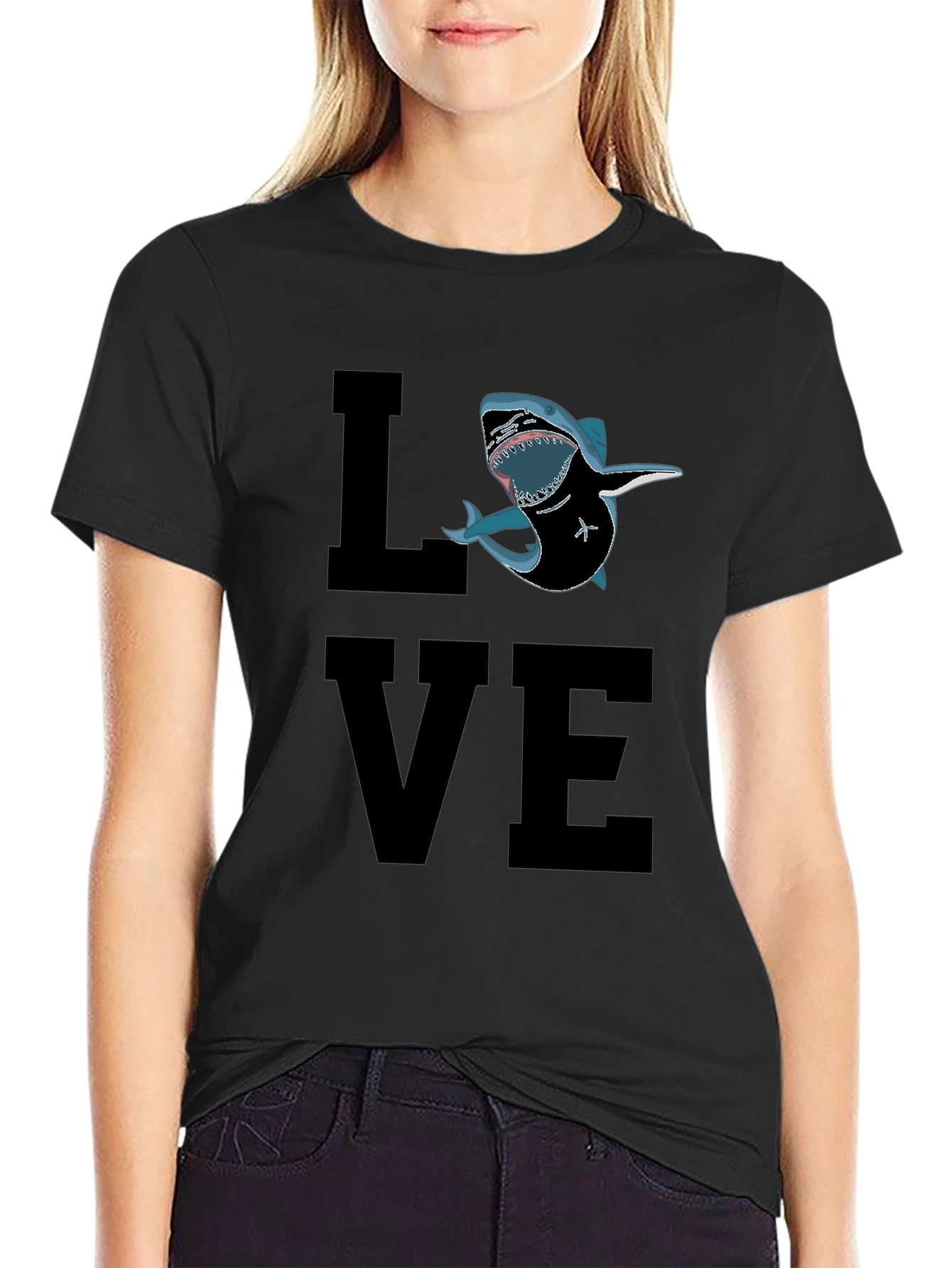 Black Shark Love Graphic T-Shirt - Black Cotton Tee view 2