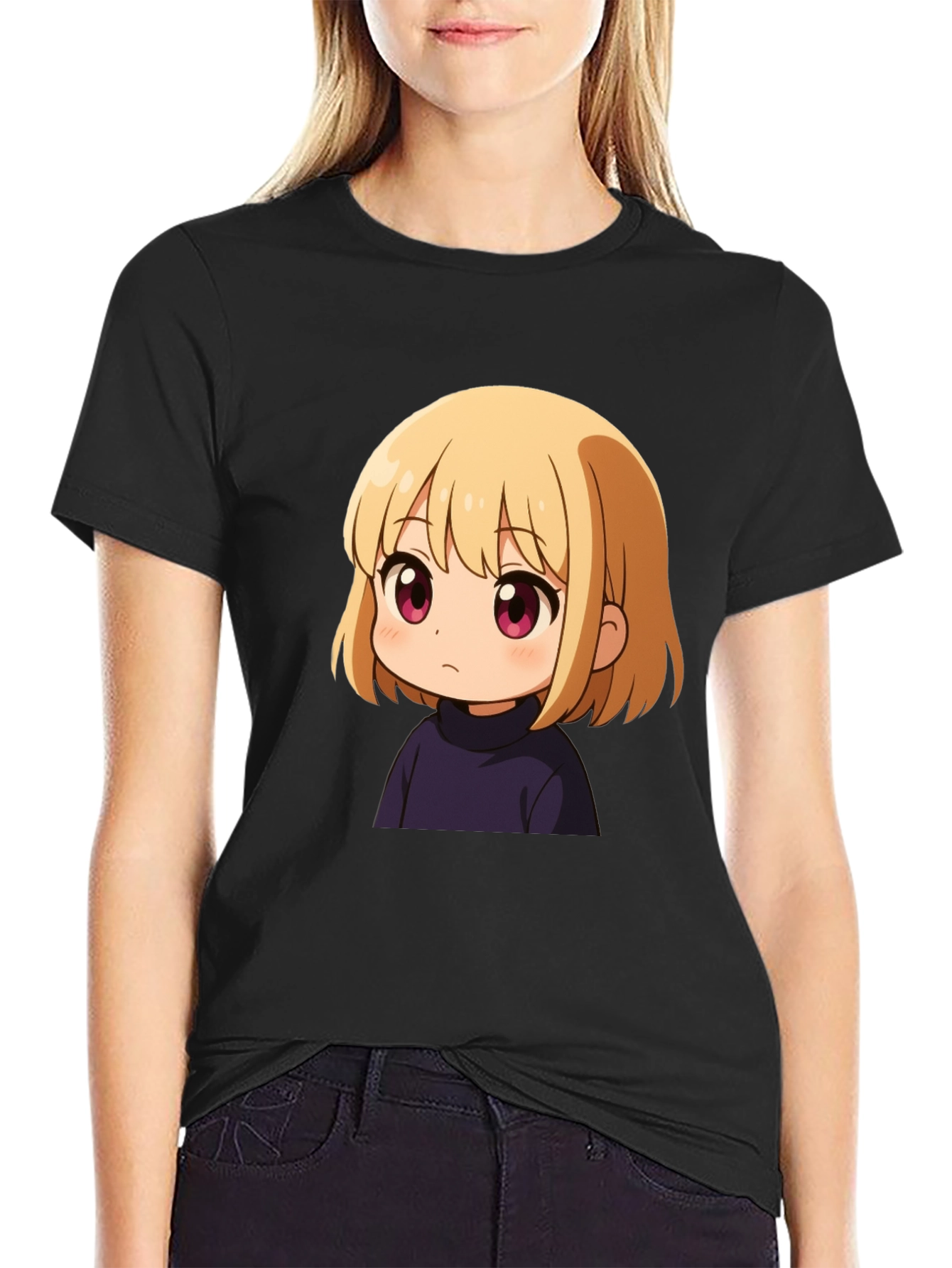 Black Anime Girl Graphic Print Black T-Shirt view 2