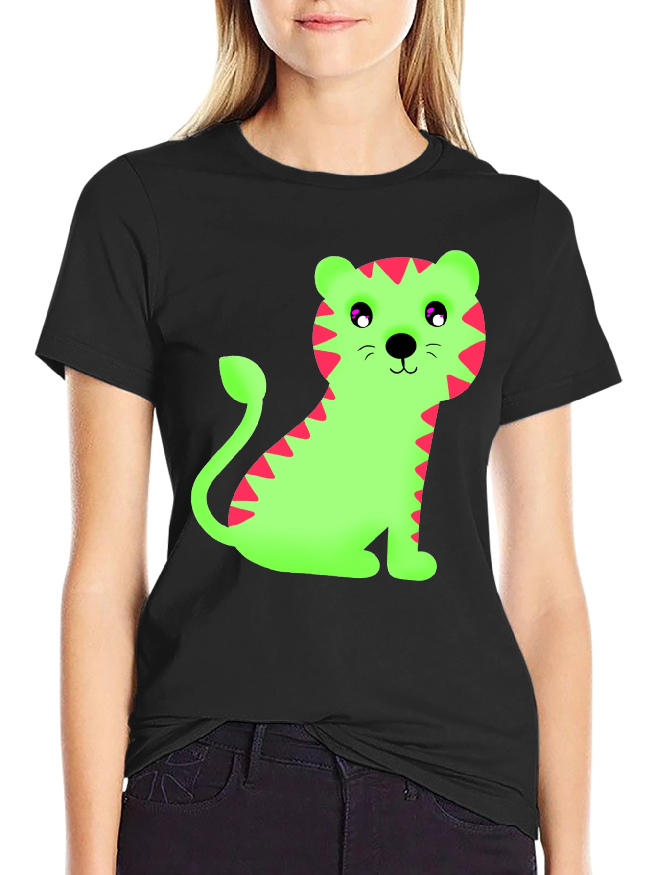 Black Cartoon Tiger Graphic Tee - Fun Black T-Shirt view 2
