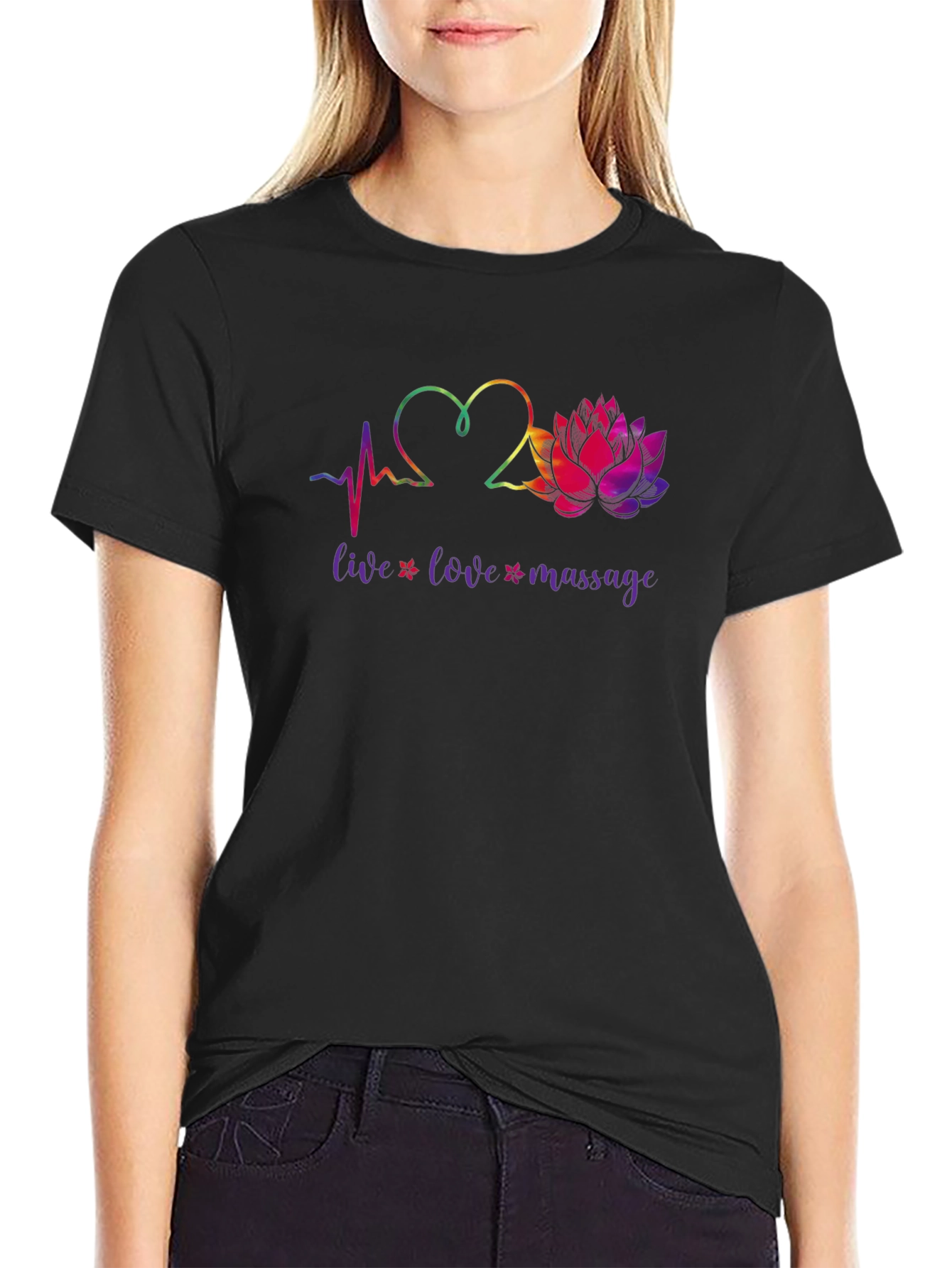 Black Live Love Massage Heart & Lotus Black T-Shirt view 2