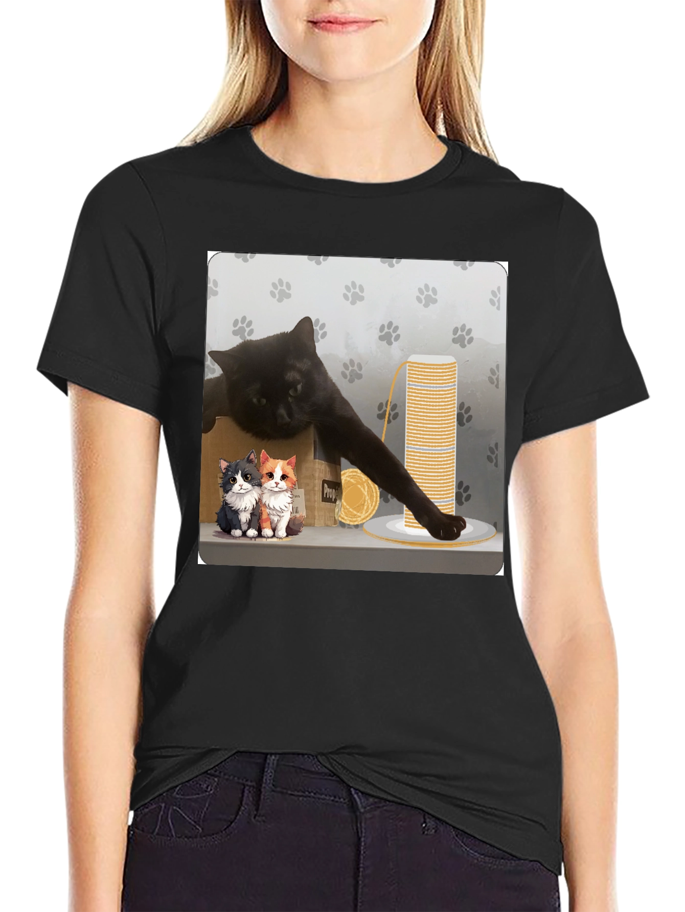 Black Cat Cartoon Graphic Black T-Shirt view 2