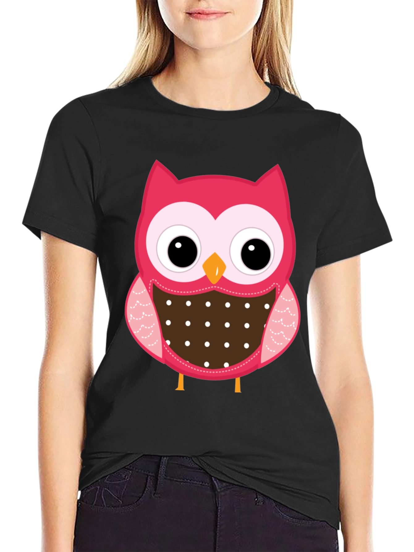 Black Cute Owl Graphic Print Black T-Shirt view 2