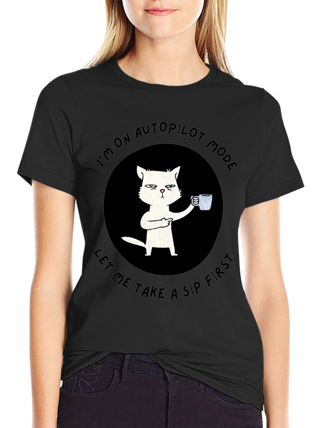 Black Autopilot Cat Coffee T-Shirt - Funny Novelty Tee view 2