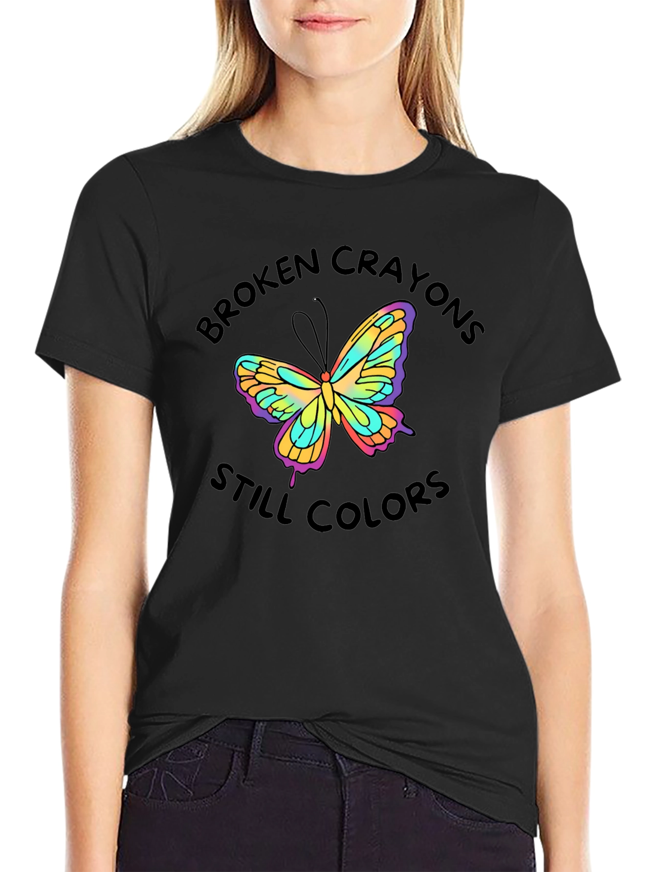 Black Broken Crayons Still Colors Butterfly T-Shirt view 2