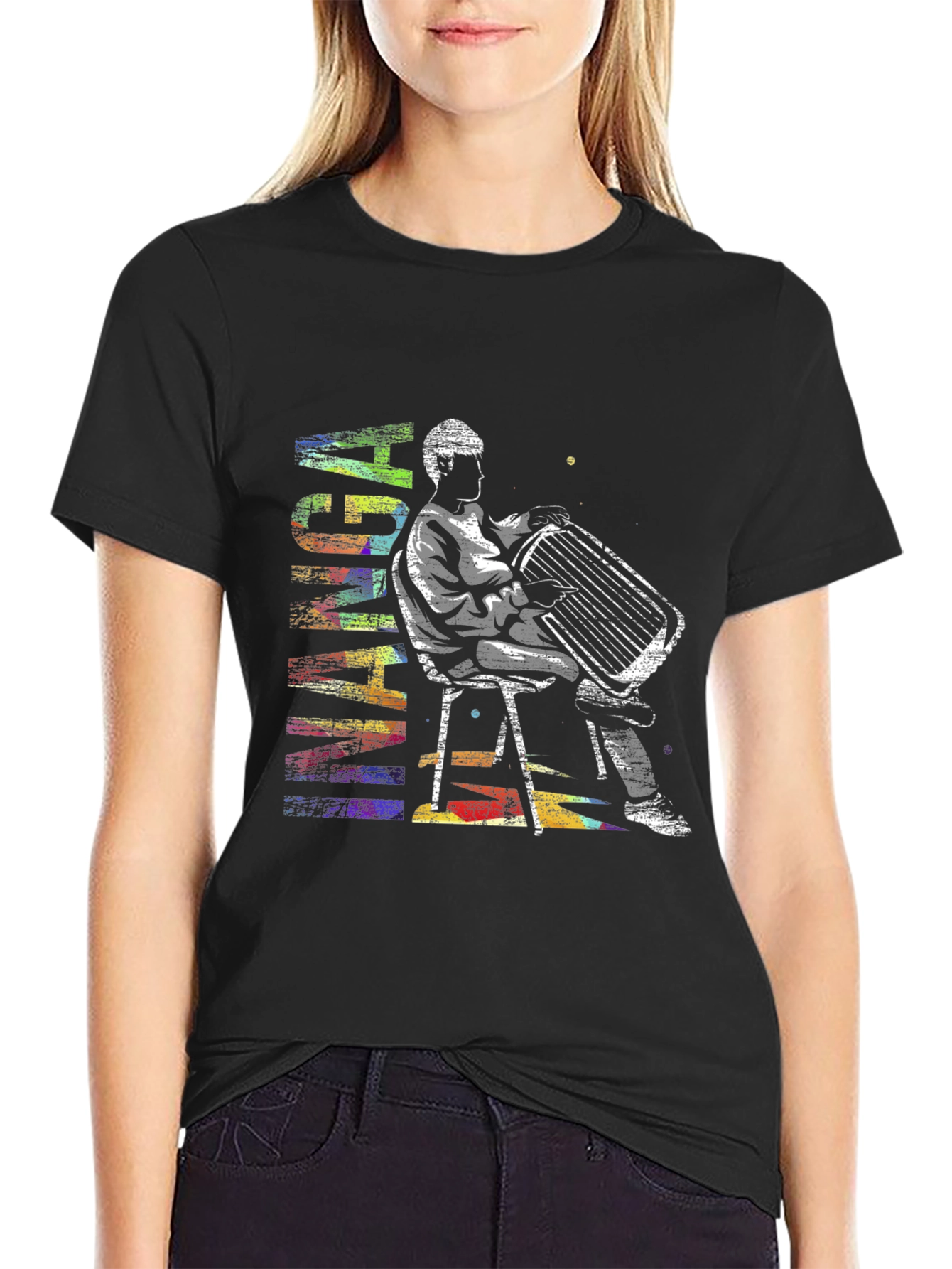 Black Abstract Accordion Player Graphic T-Shirt view 2