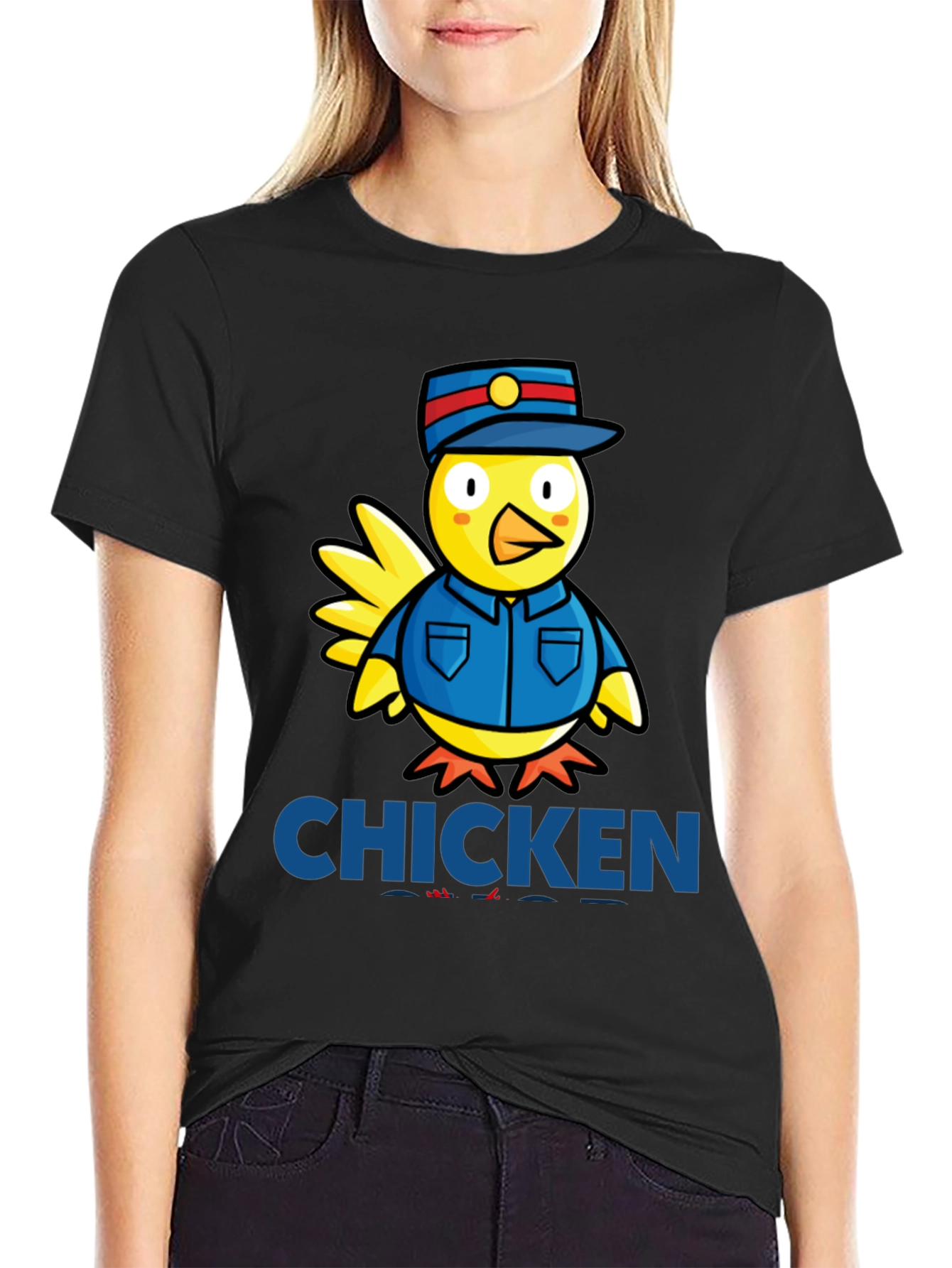 Black Chicken Officer Graphic Tee - Funny Cartoon Bird T-Shirt view 2