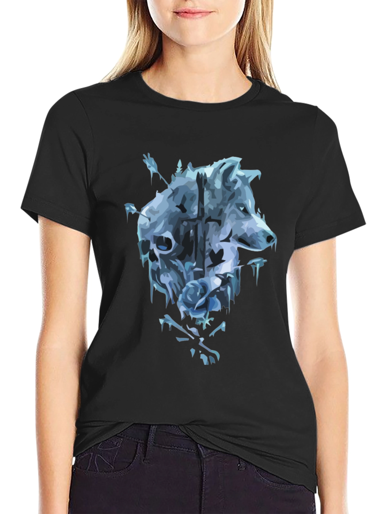 Black Wolf Skull Rose Graphic T-Shirt - Men's Black Tee view 2