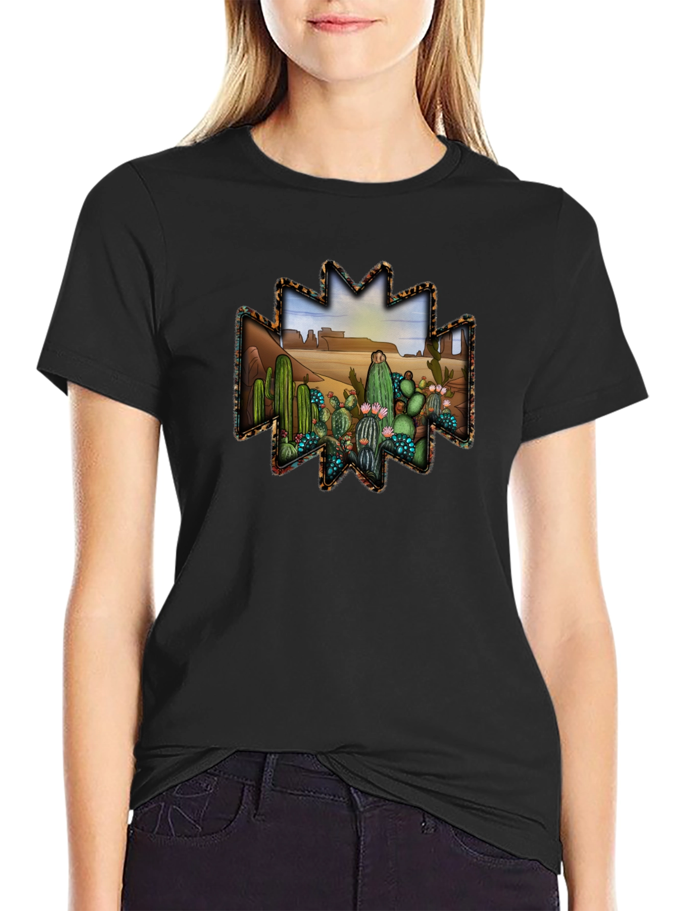 Black Desert Cactus Graphic Tee - Western Style Black T-Shirt view 2