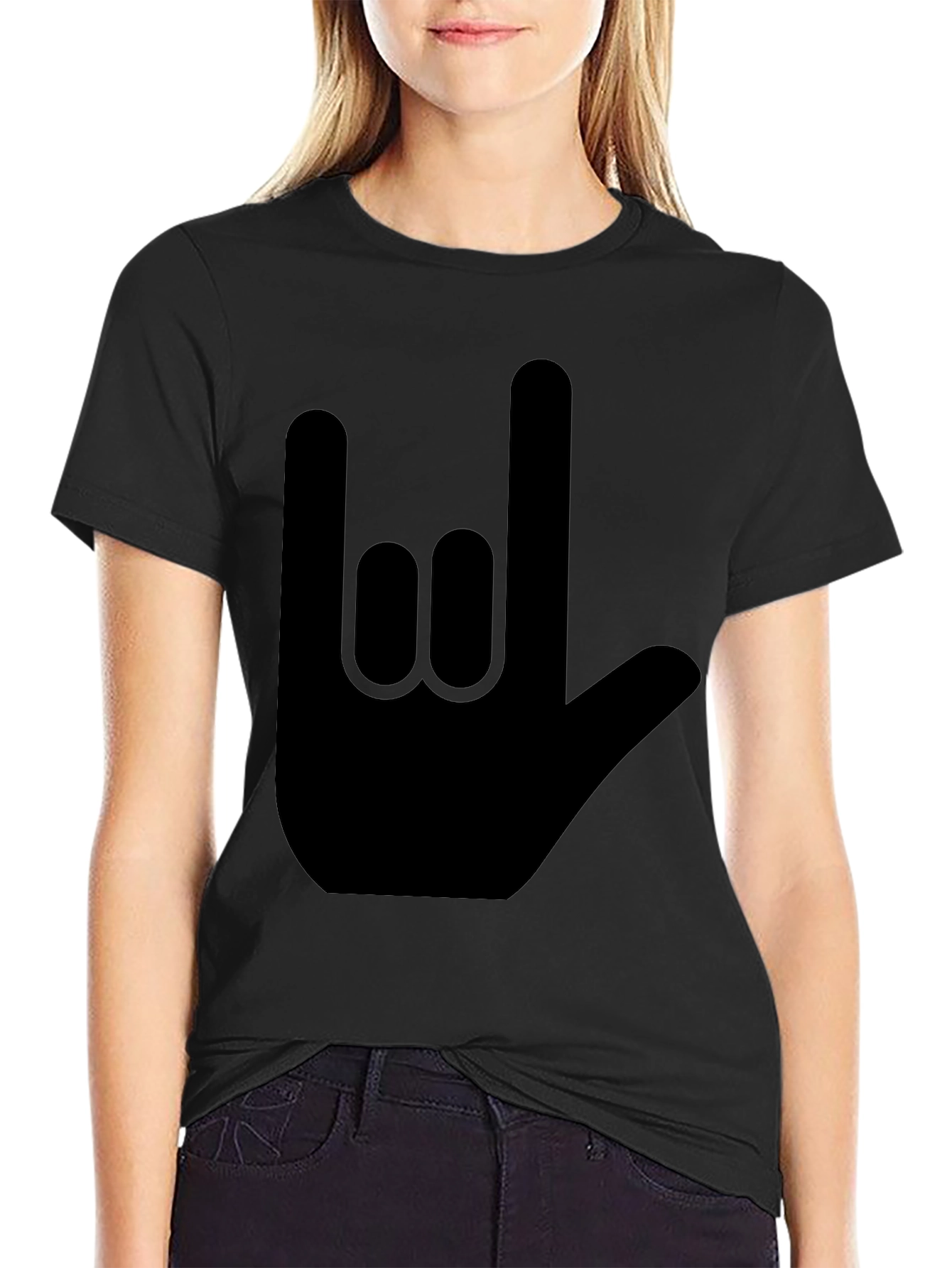 Black Rock On Hand Sign Black T-Shirt view 2