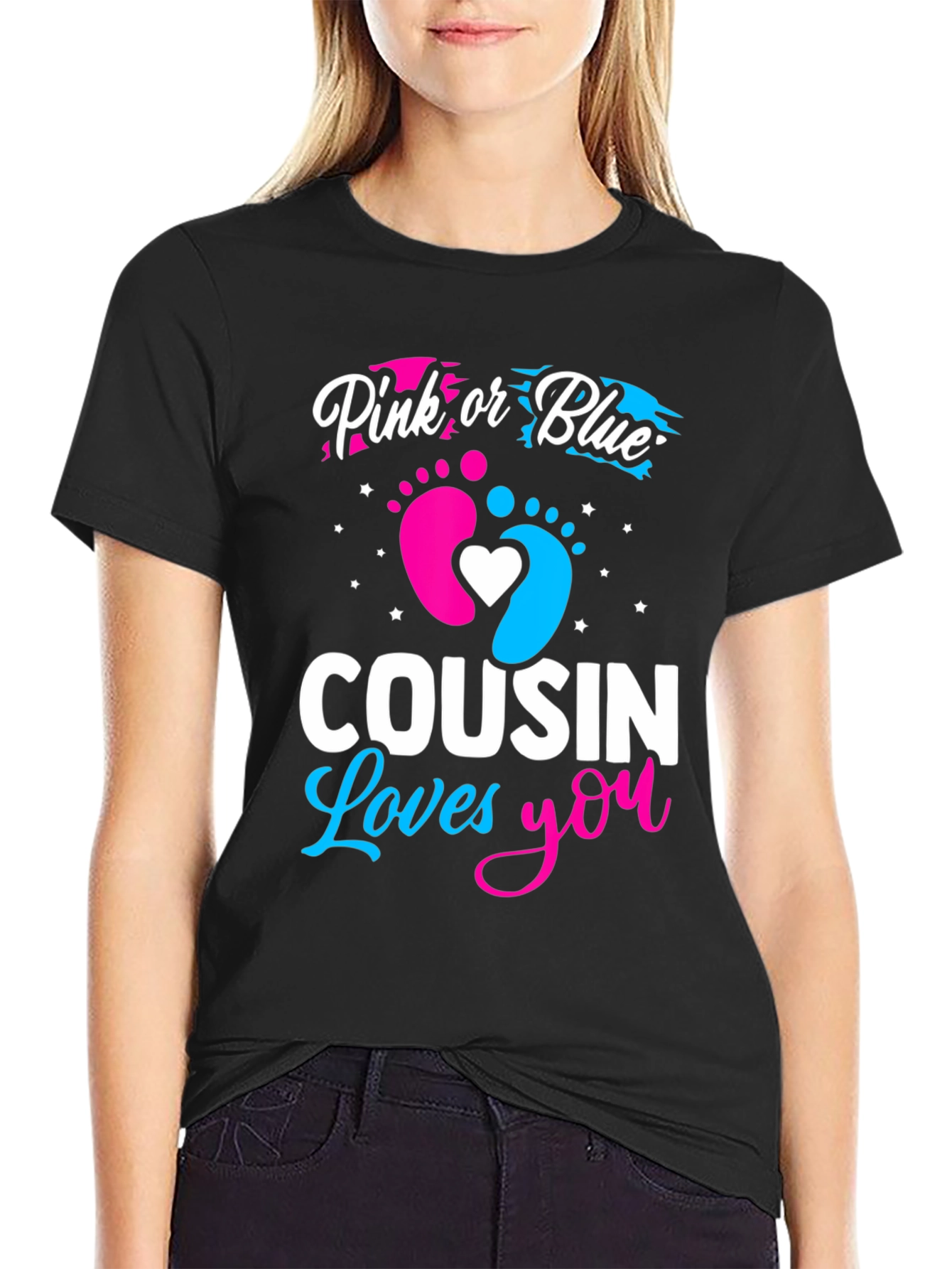 Black Pink or Blue Cousin Loves You Gender Reveal T-Shirt view 2