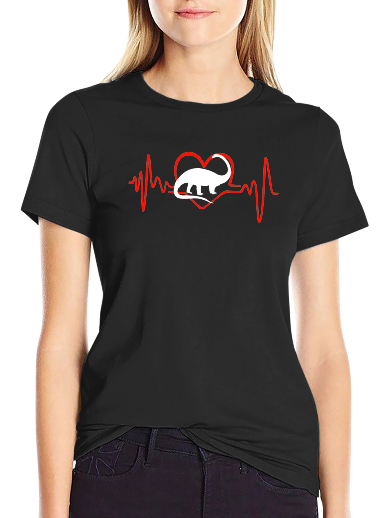 Black Dino Heartbeat T-Shirt - Black Cotton Tee view 2