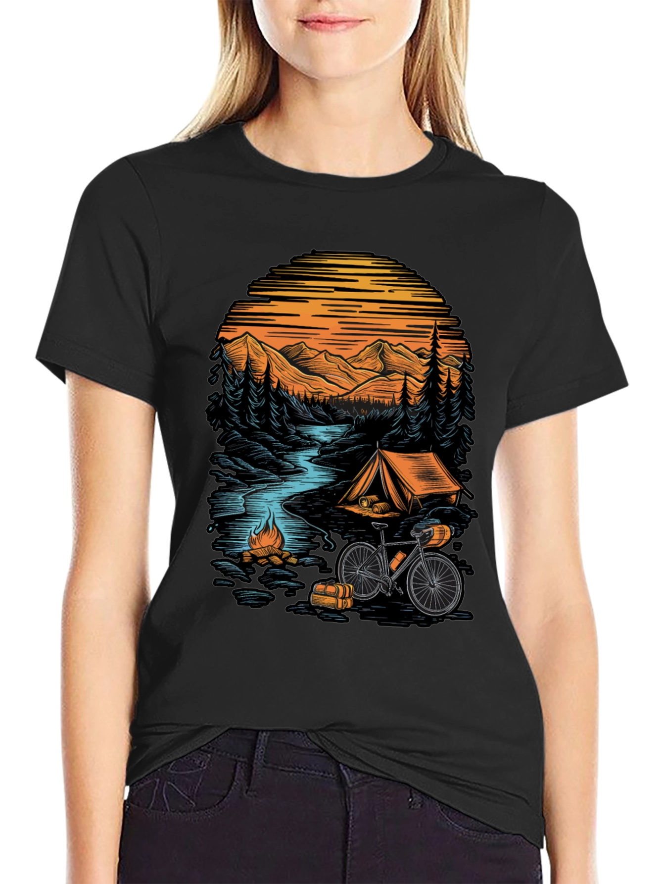 Black Adventure Camping T-Shirt - Mountain & Bicycle Design view 2
