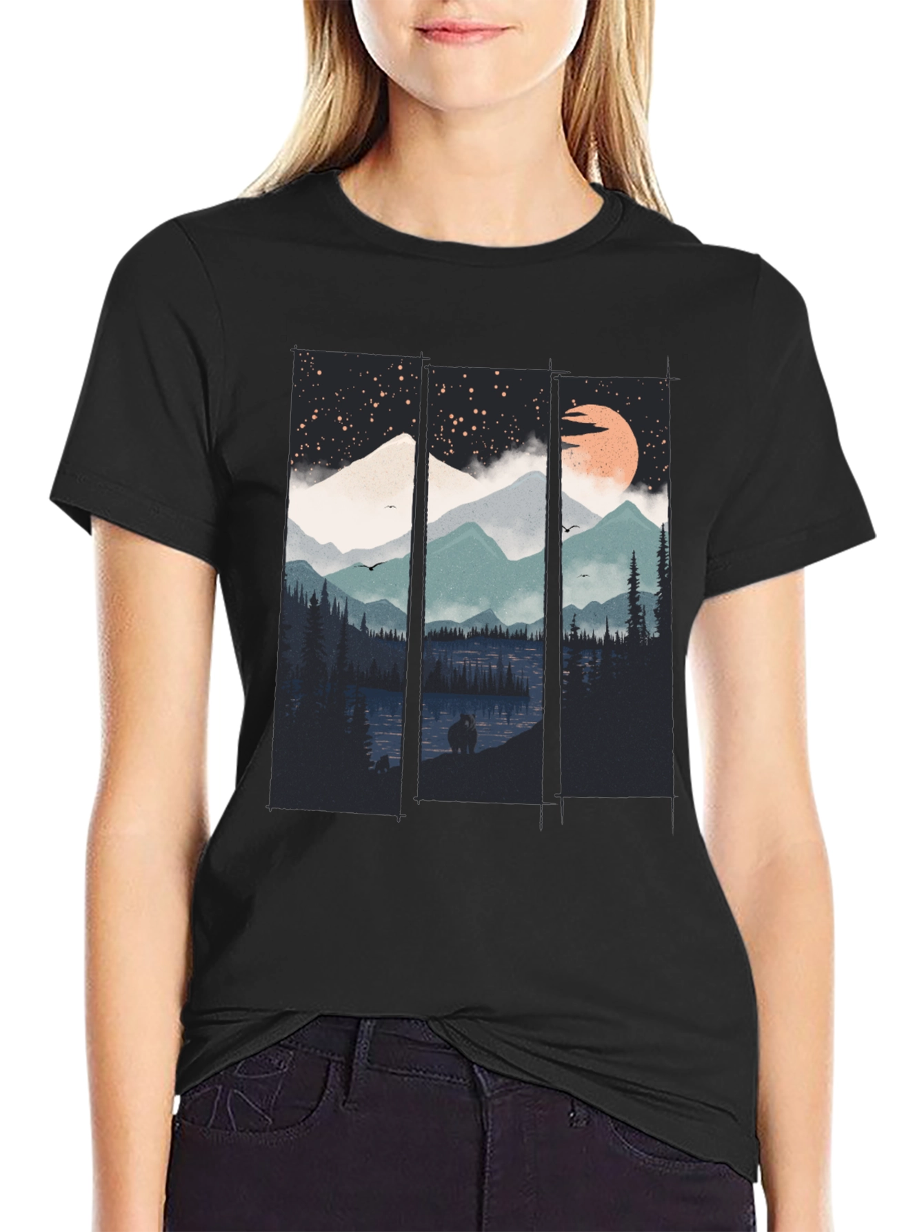 Night Sky Mountain Graphic Tee - Soft Black Cotton T-Shirt - 2
