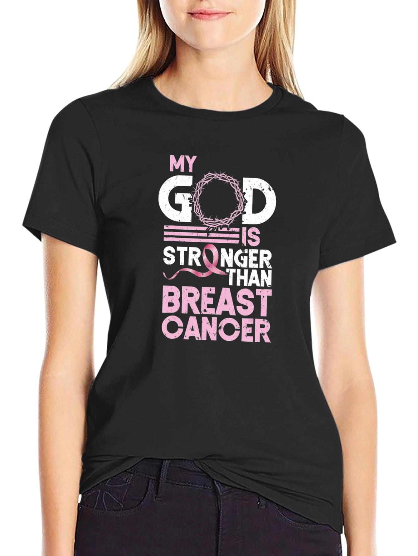 Black My God is Stronger Than Breast Cancer Awareness T-Shirt view 2