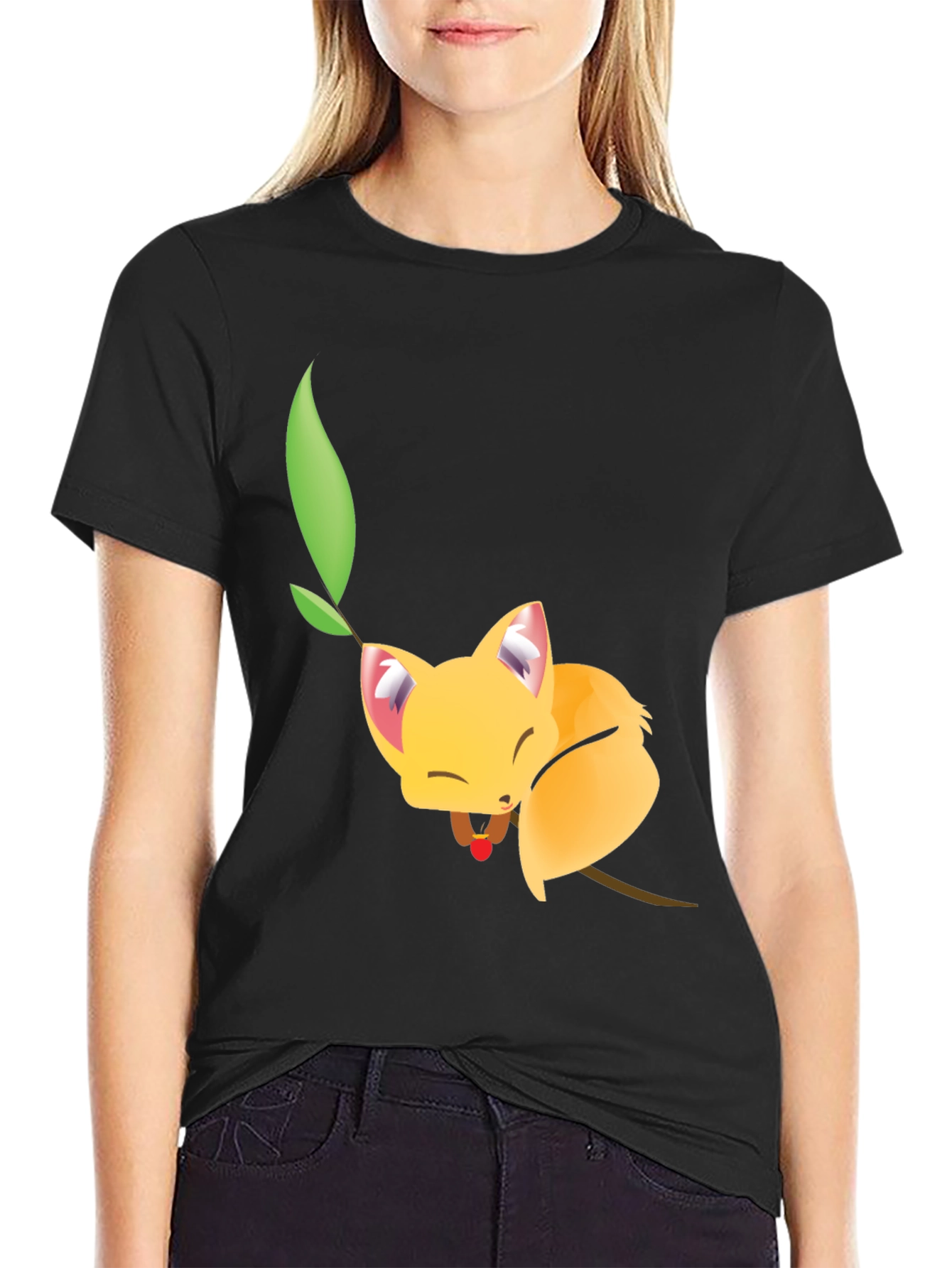 Black Cute Sleeping Fox Tee - Unique Graphic T-Shirt view 2