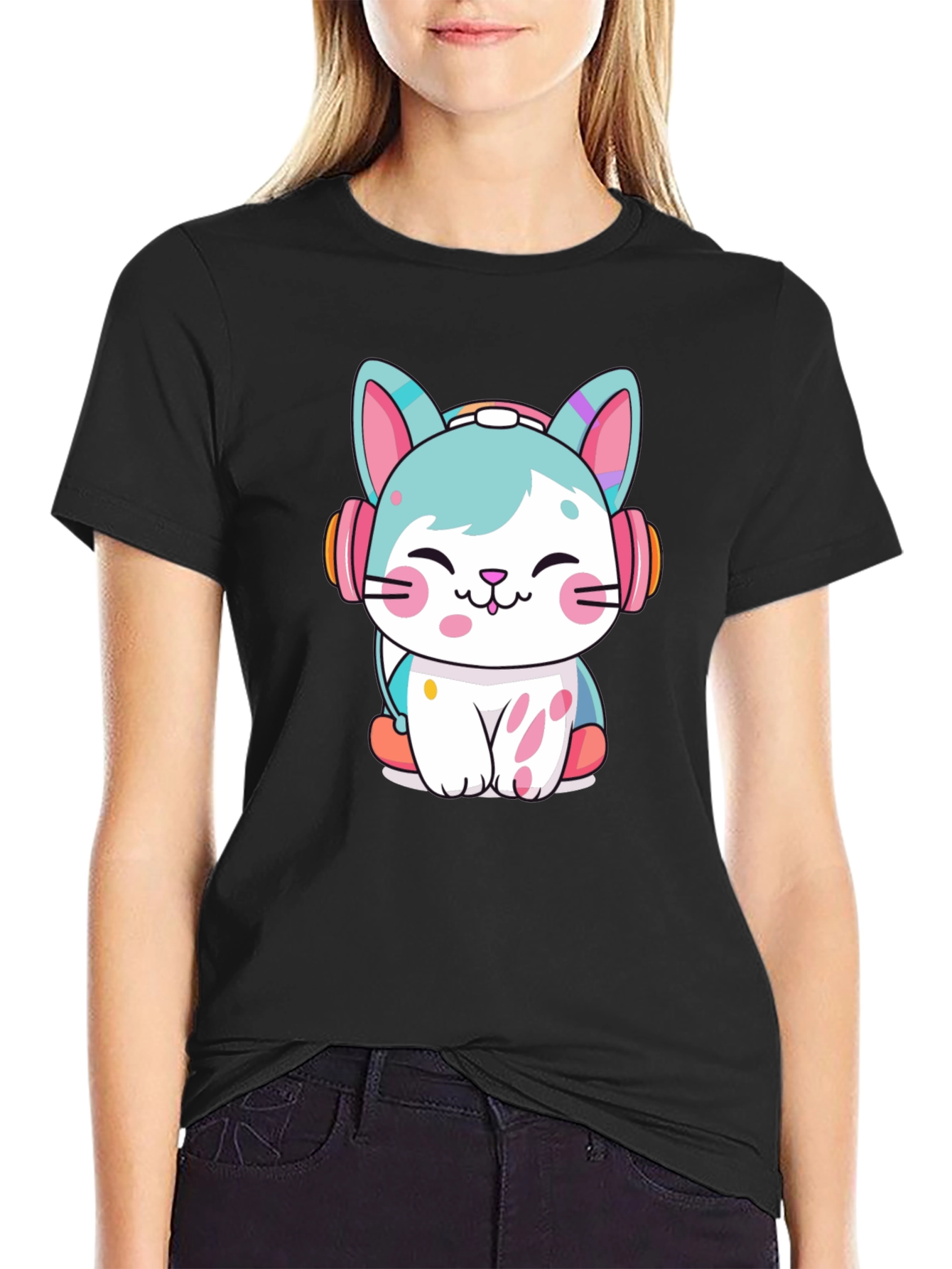 Black Cute Cat with Headphones Graphic Tee view 2