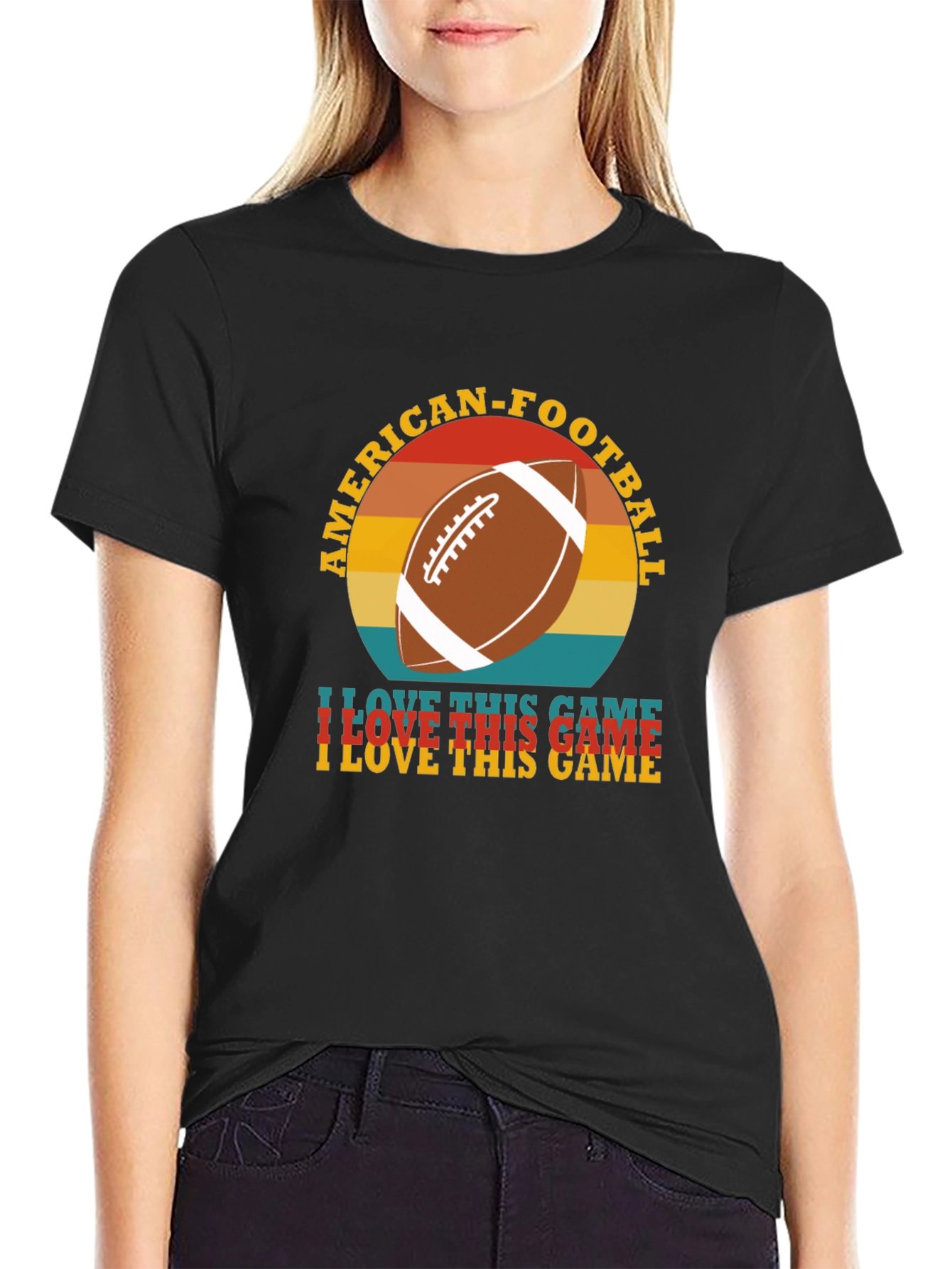 Black American Football Retro T-Shirt view 2