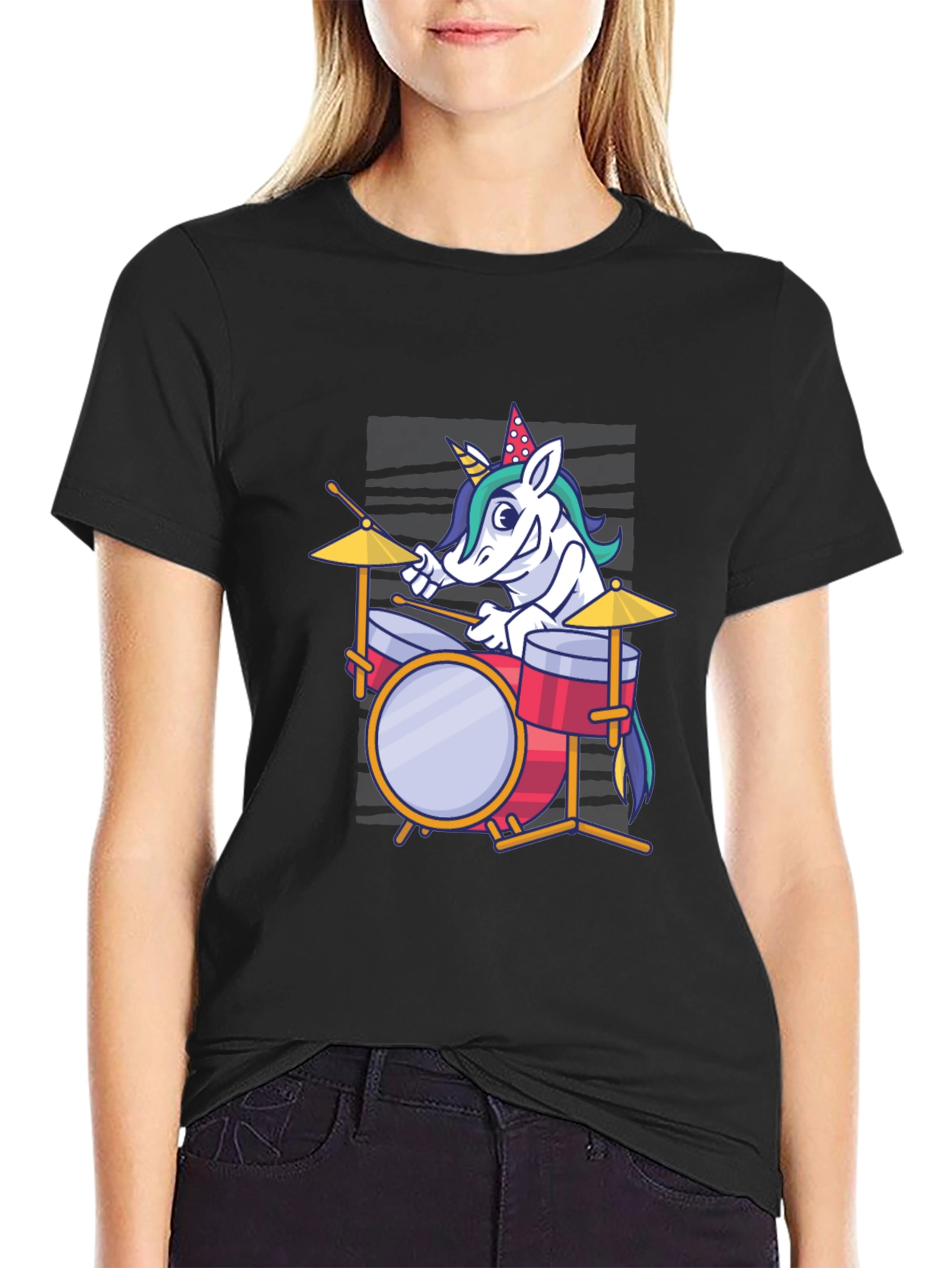 Black Unicorn Drummer Graphic Tee - Fun & Unique T-Shirt view 2