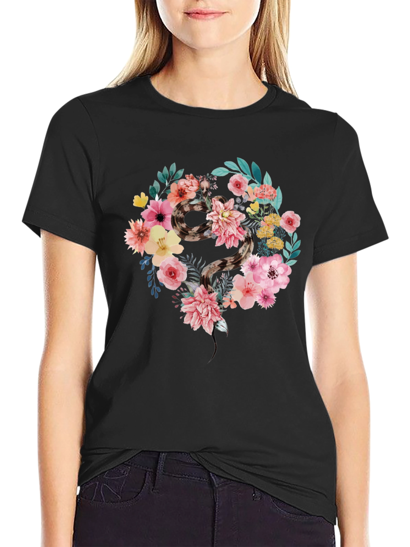 Black Floral Snake Graphic Tee - Unisex Cotton Blend Shirt view 2