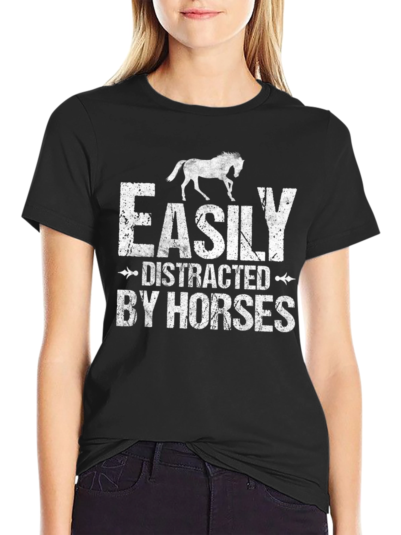 Black Easily Distracted By Horses Graphic T-Shirt view 2
