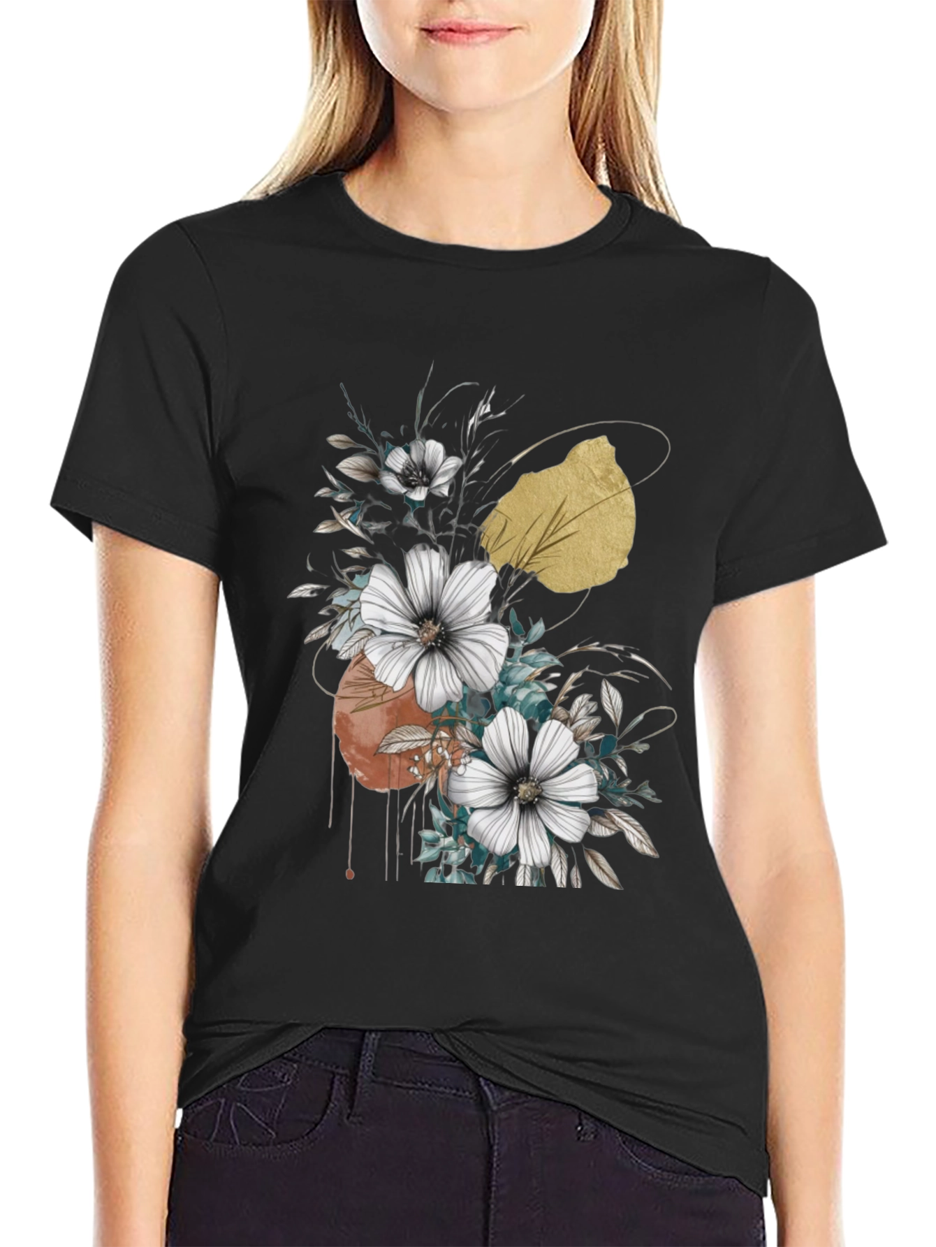 Black Floral Graphic Black T-Shirt view 2