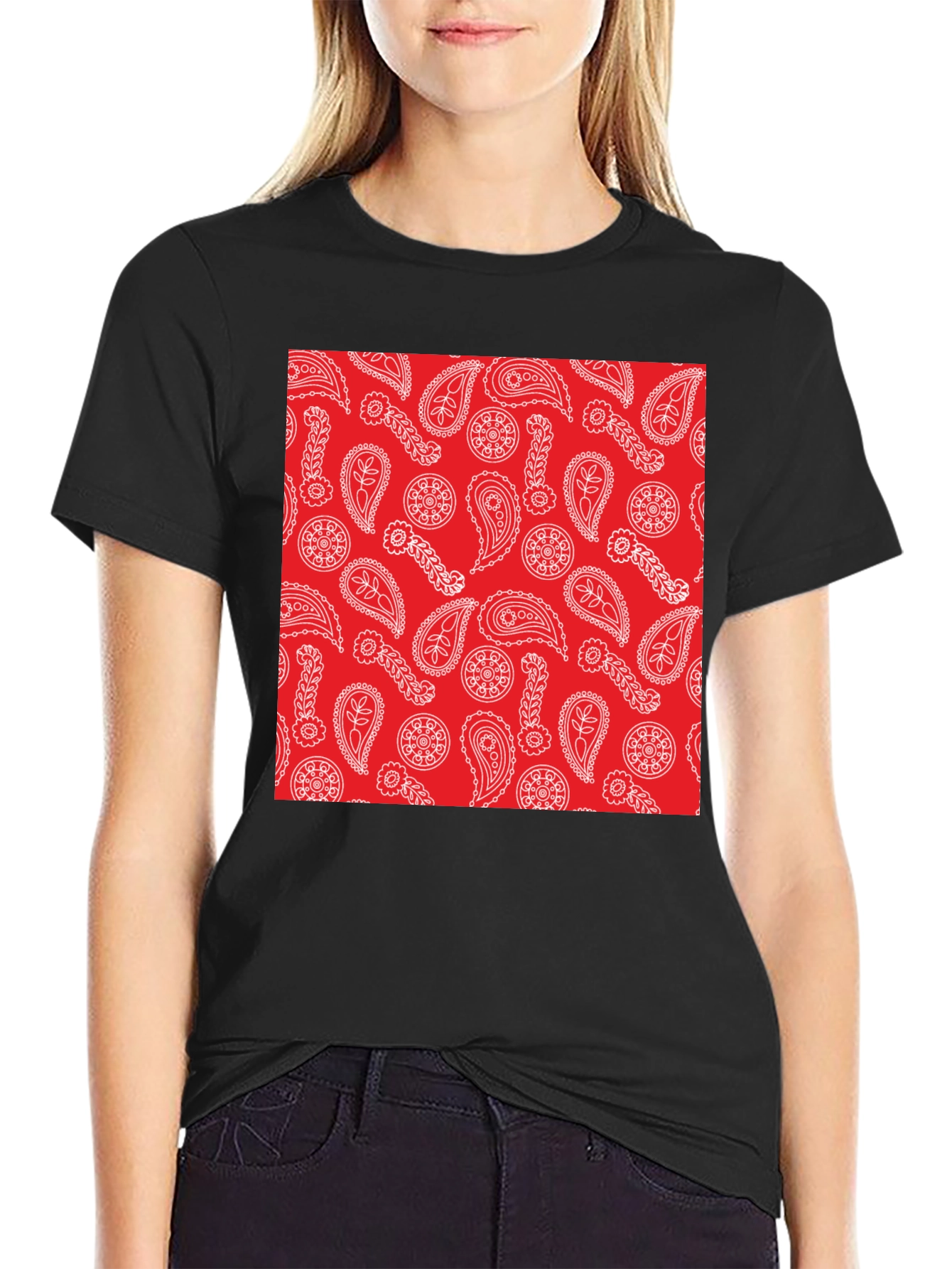 Black Red Paisley Print Black T-Shirt | Casual Style view 2