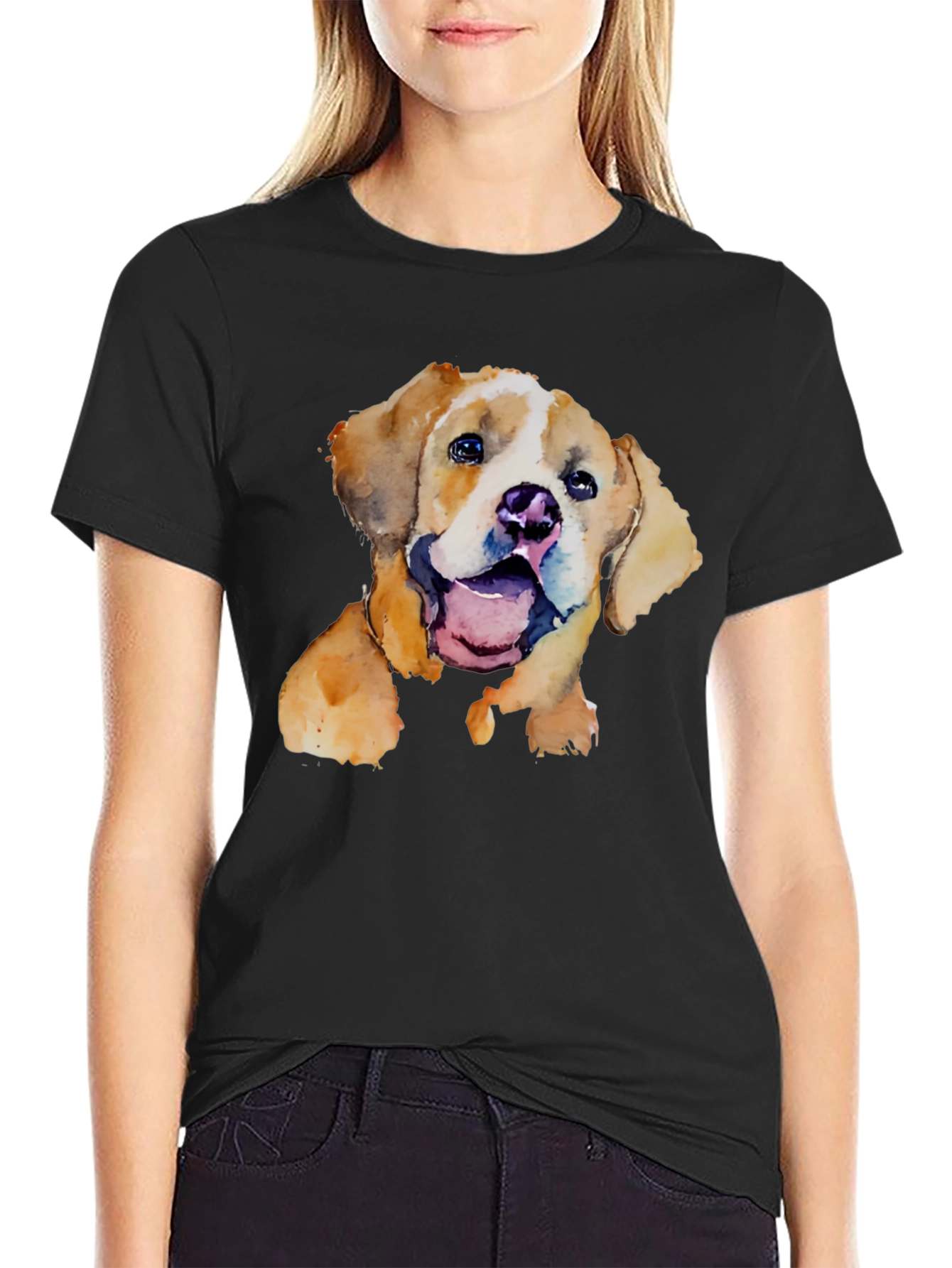 Black Watercolor Puppy Graphic T-Shirt - Cute Dog Tee view 2