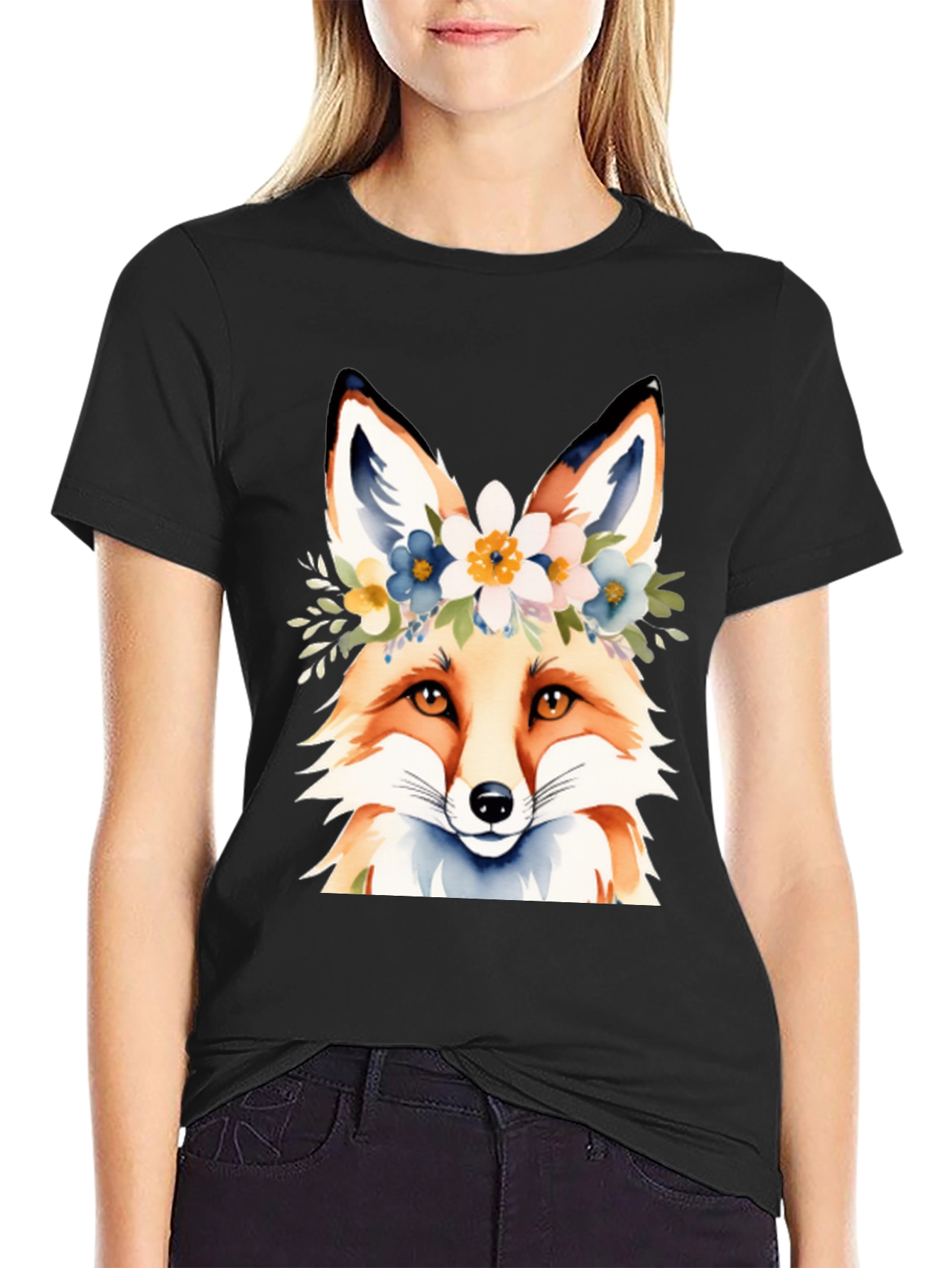Black Floral Fox Tee - Stylish Graphic T-Shirt view 2