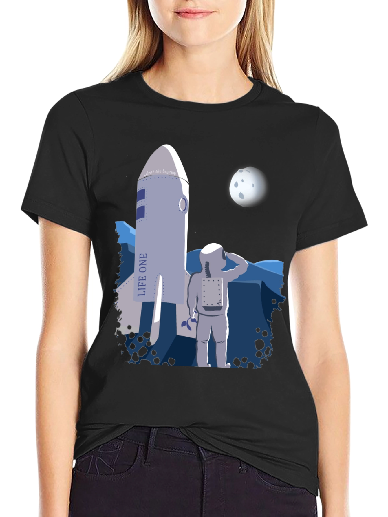 Black Astronaut & Rocket Graphic T-Shirt - Space Adventure Tee view 2