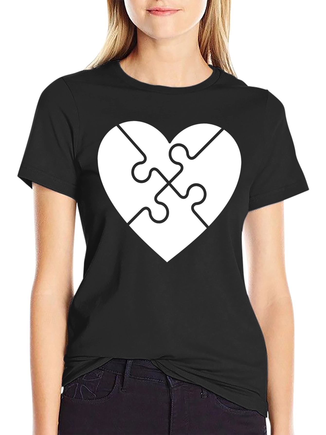 Black Heart Puzzle Piece Graphic Tee - Black Cotton view 2